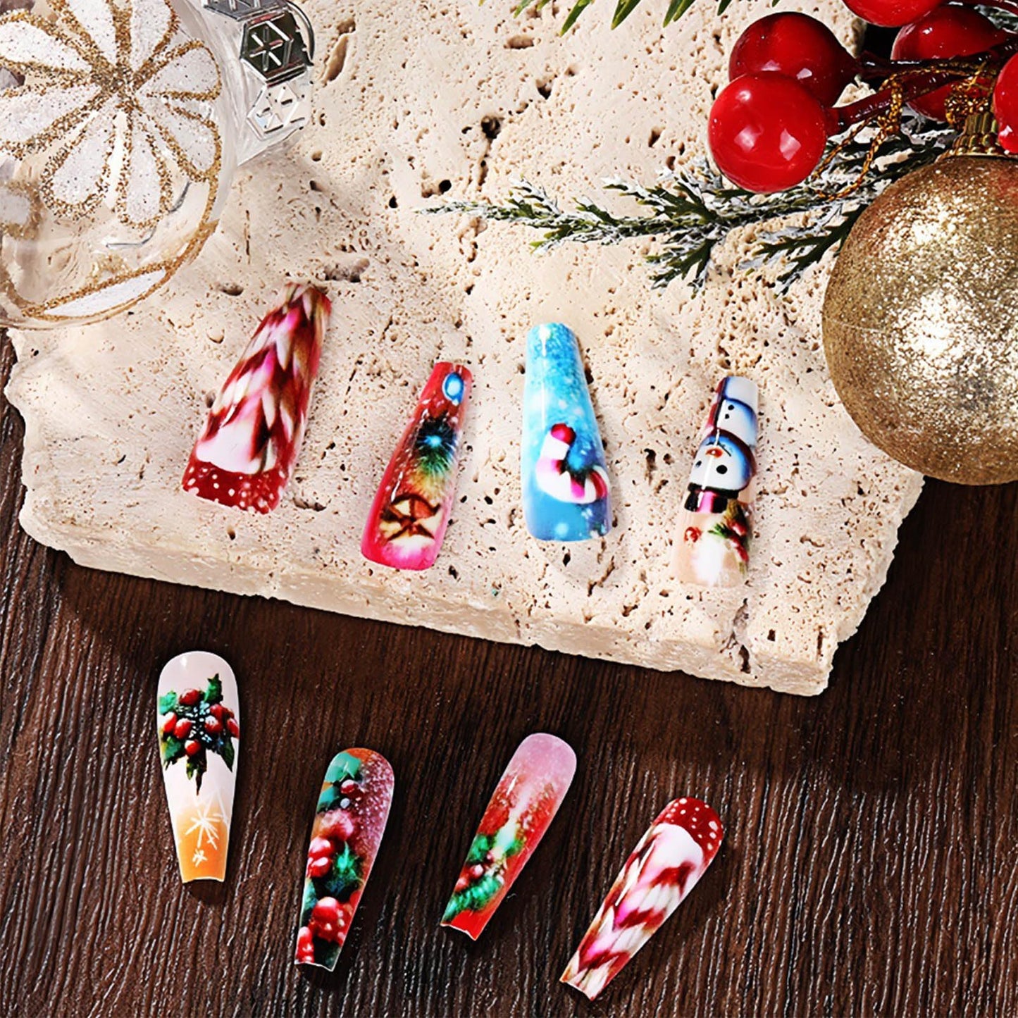 Holly Medium Coffin False Nails Snowman Stick on Fingernails Firework Gel Glue on Nail Christmas Press on Nails 24Pcs Glossy Red Candy Cane Acrylic Fake Nail for Women Xmas Gift