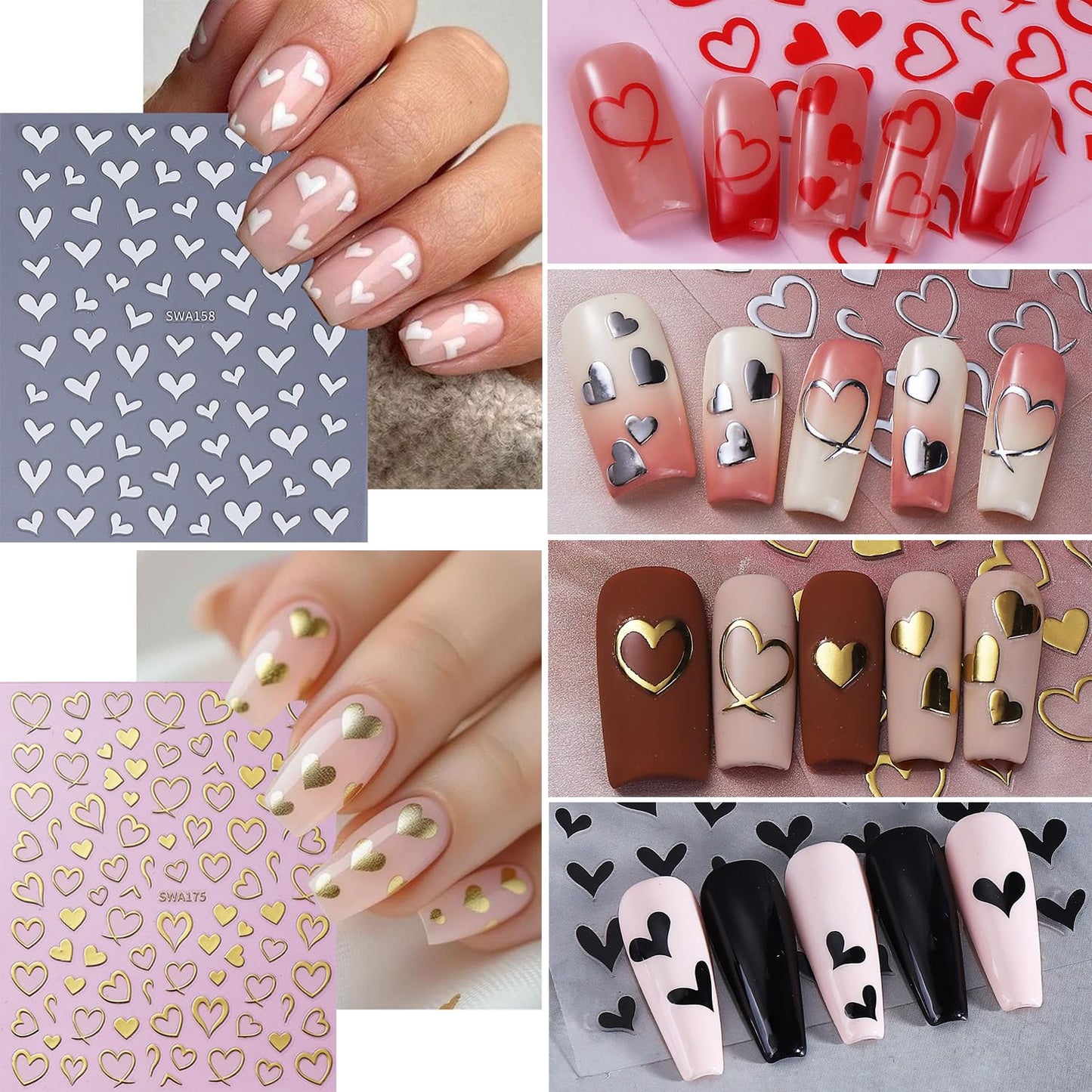 6Sheets Love Heart Nail Art Stickers Decals,3D Valentine's Heart Self-adhesive Nail Supplies Glitter Red Love Hollow Hearts Shaped Design French Nail Sticker for Women DIY Romantic Manicure Decoration