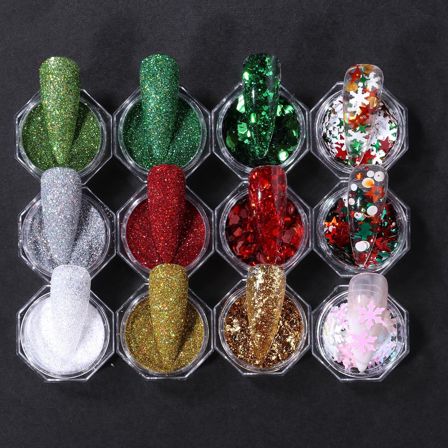 Christmas Nail Art Glitter Sequins 12 Boxes Winter Snowflake Nail Glitter Flakes Holographic Fine Glitter Powder Dipping Pigment Green Red Gold Foils Xmas Sugar Nail Design for Acrylic Nails Supplies