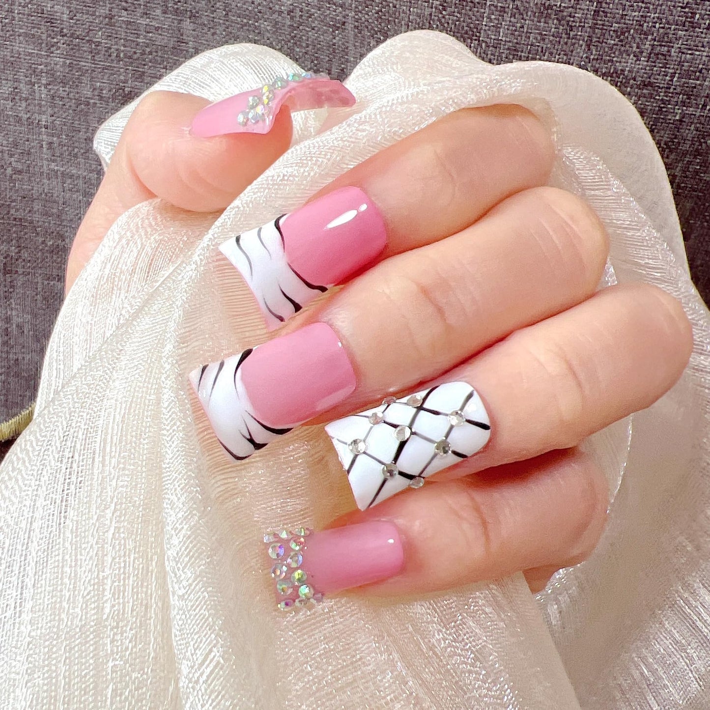 NAIL ANGEL 10PCS/SET Glamorous Handmade Press On Nails Leopard Prints Butterfly Rhinestones French Style Duck Nails Party Nails Duckbill Artifical Tips ZJ22/23/24 (ZJ-22, M)