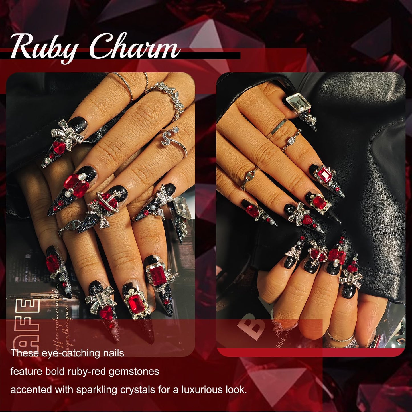 Handmade Press On Nails Stiletto, Black press on nails Long, Goth Red Rhinestone Glitter Nails For Women Gift, Reusable Stick On Fake Nails Kit With Nail Glue (Goth Charm, S)