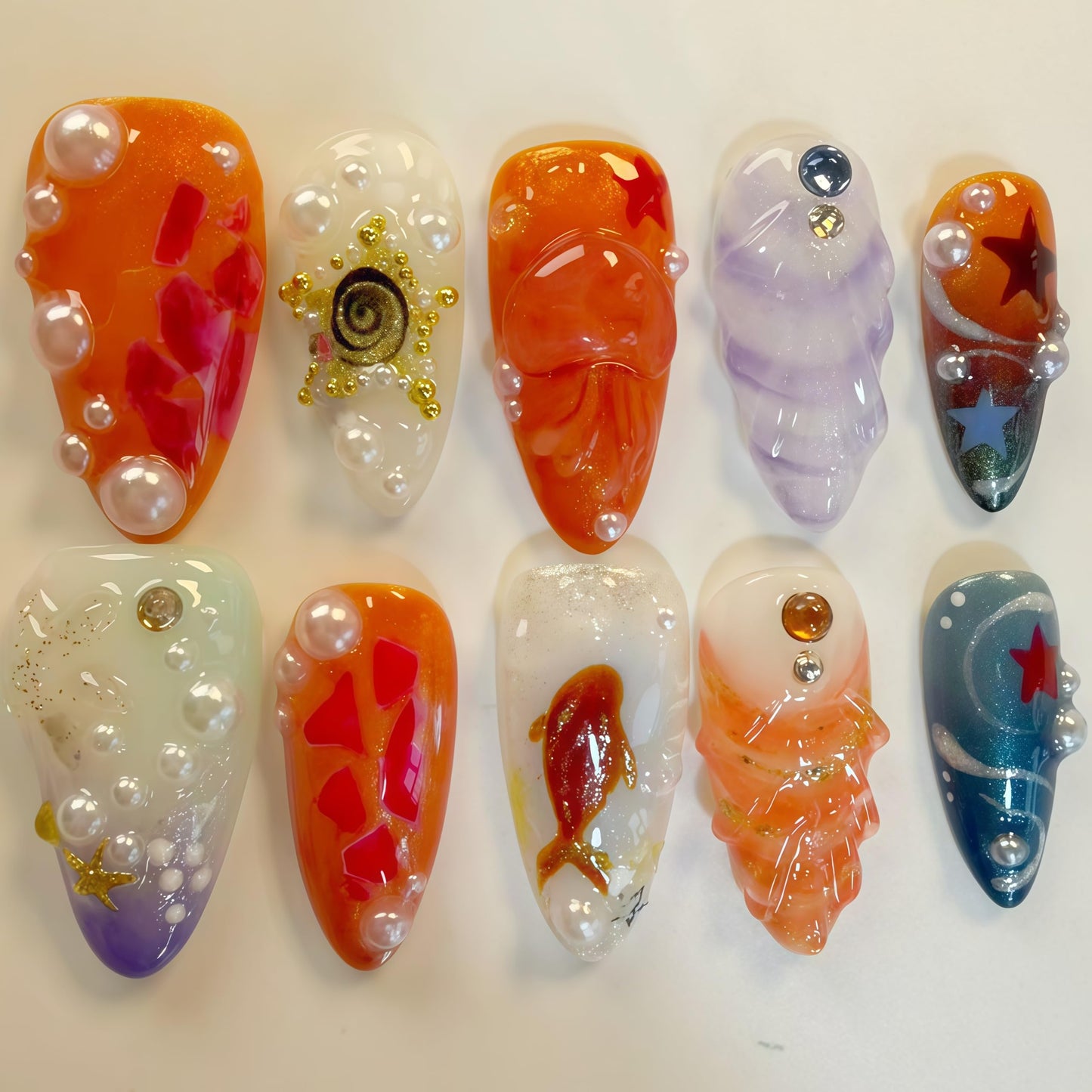 Handcrafted Press On Nails Iridescent Mermaid Ocean Theme 3D Pearl Glitter Goldfish Design 100% Handmade Realistic Artistic Hand Nail Gifts For Women (Mermaid Ocean Shape, Medium M)