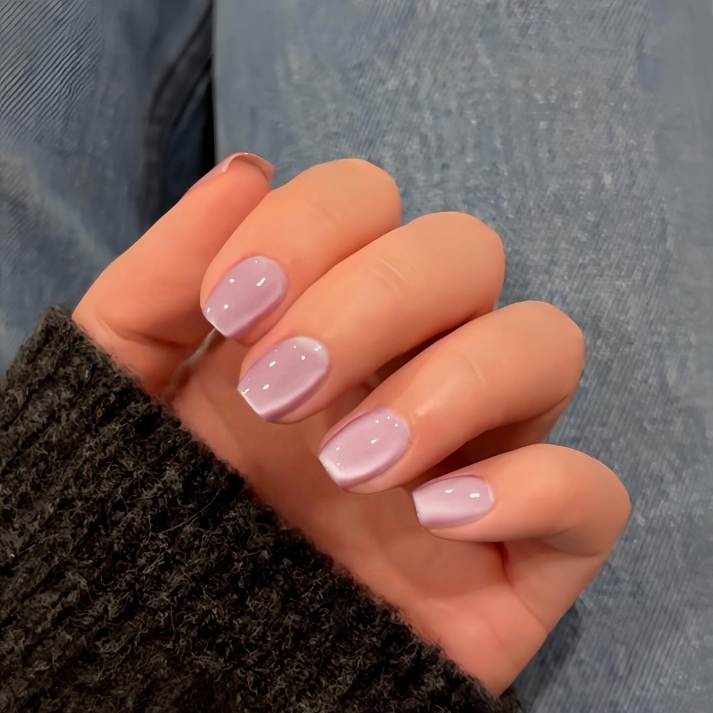 KQueenest Cat Eye Press on Nails Short, 30 Pcs Acrylic Press on Nails Square, Glass Muted Pastel Pink Fake Nails Press on Short, Sparkly Chrome Design, Reusable Soft Gel Glue on Nails for Women Gift