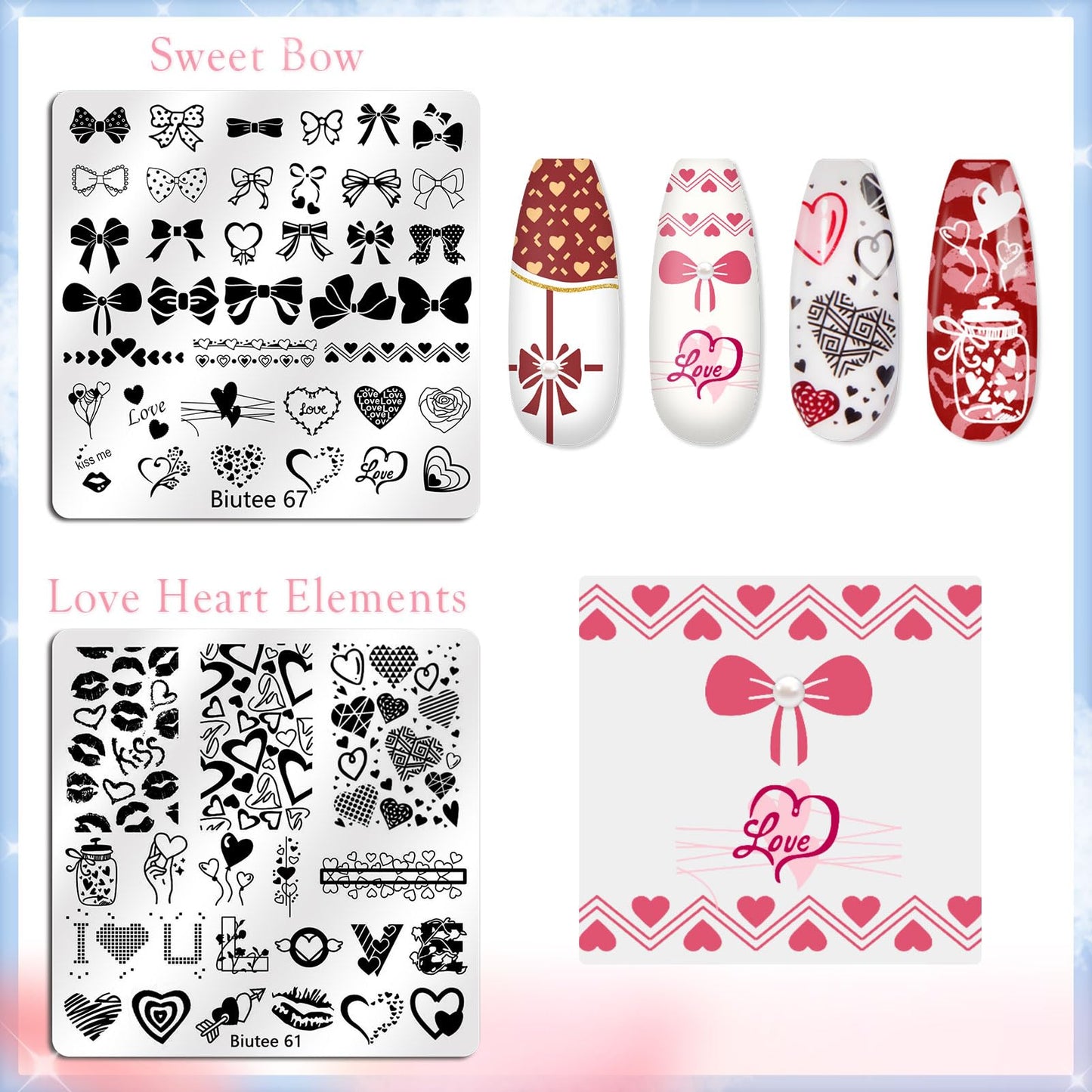 Biutee Nail Stamping Kit with 16 Nail Stamping Plates, Clear Jelly Nail Stamper, 2 Scrapers & Storage Bag, Nail Art Stamping Plate Set with Floral Geometric Beach Designs for DIY Manicure