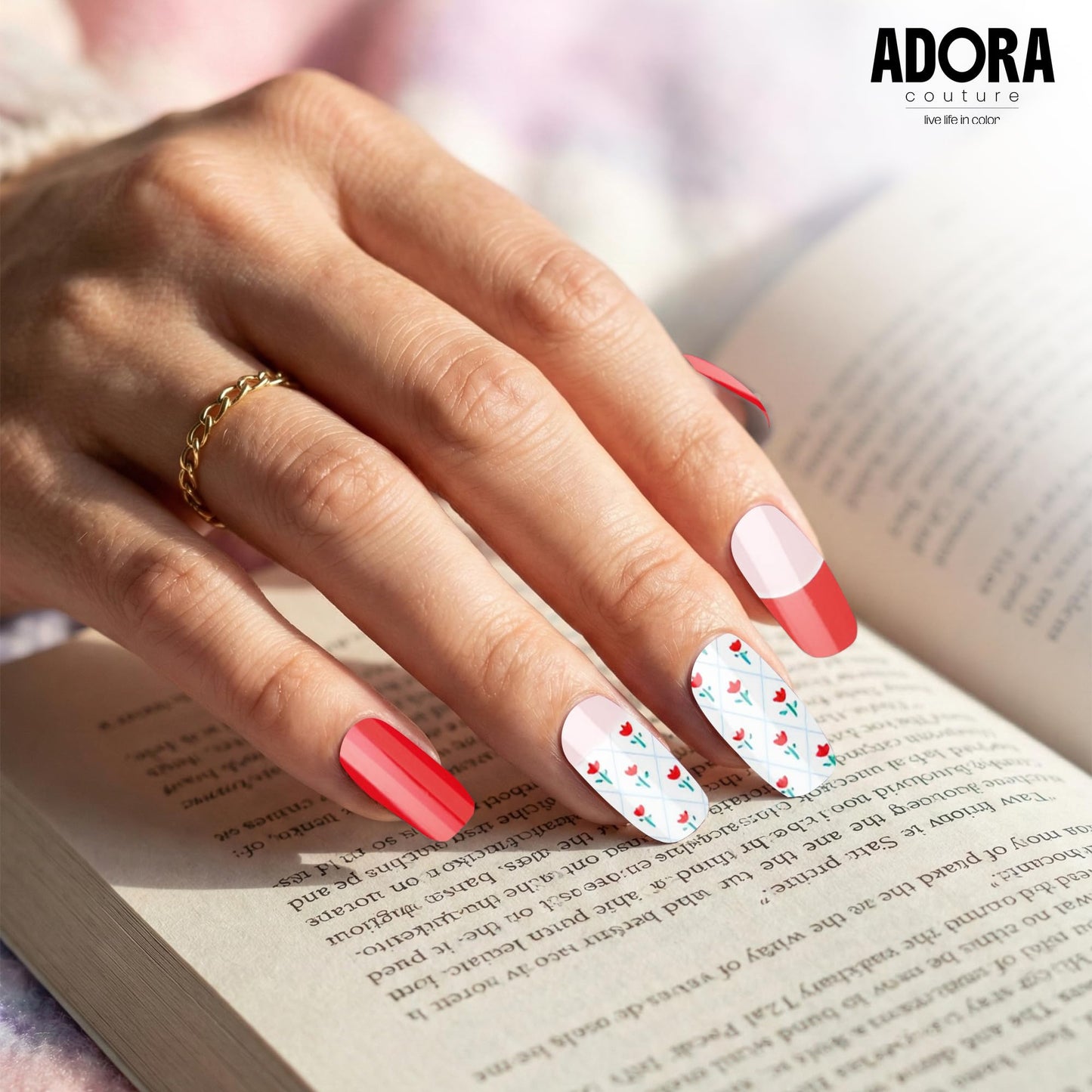 Adora Couture Semi Cured Gel Nail Strips with 30 Pieces - UV Gel Stickers, Manicure Kit, Easy Application Wraps Includes Prep Pads, Nail File, Wooden Stick - UV Light Required (Red Rose Edit)
