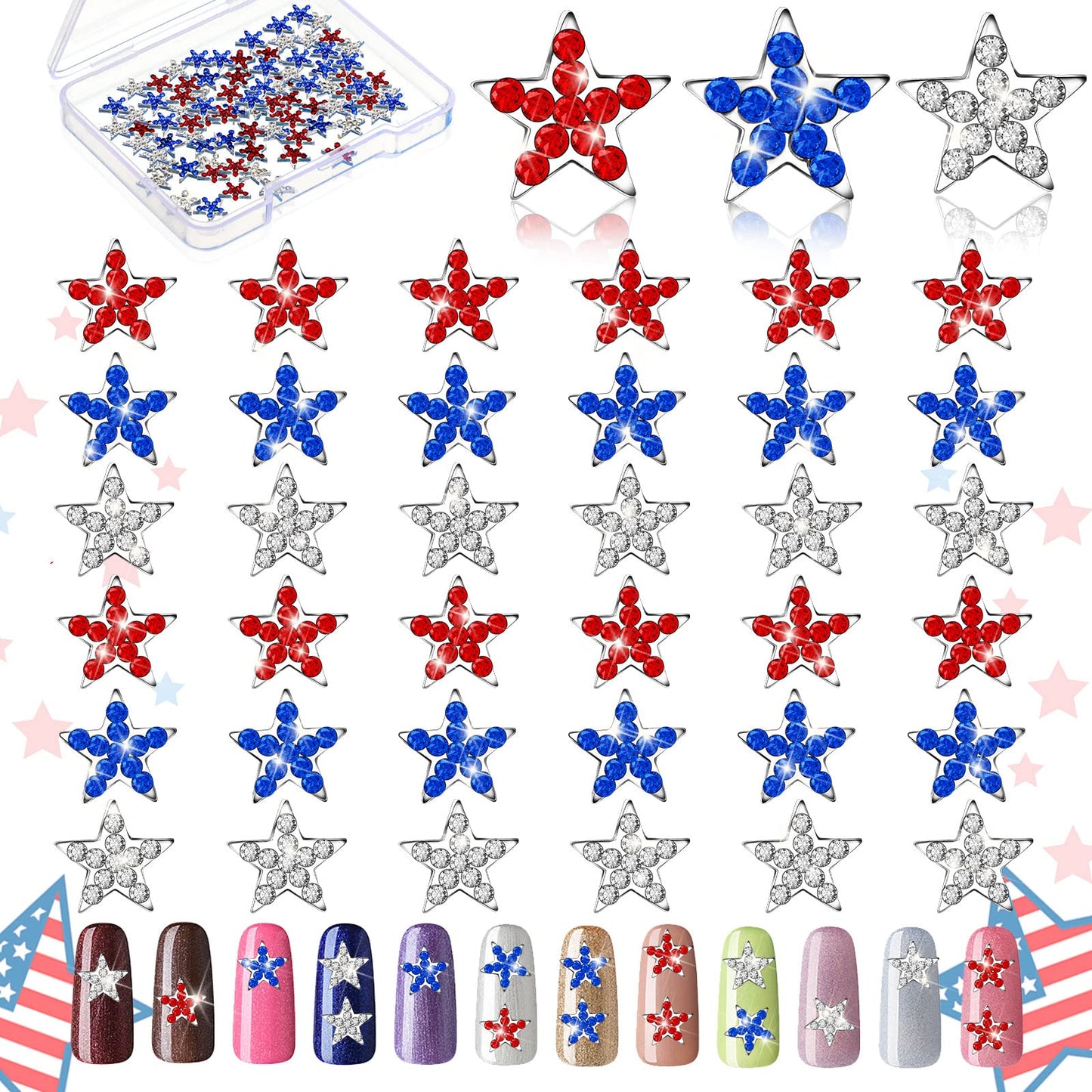 Leelosp 36 Pcs Star Shaped Nail Charms 4th of July for 250th Anniversary, Patriotic Red White Blue 3D Alloy Rhinestones, DIY Nail Art Gems, Independence Day Jewelry for Women
