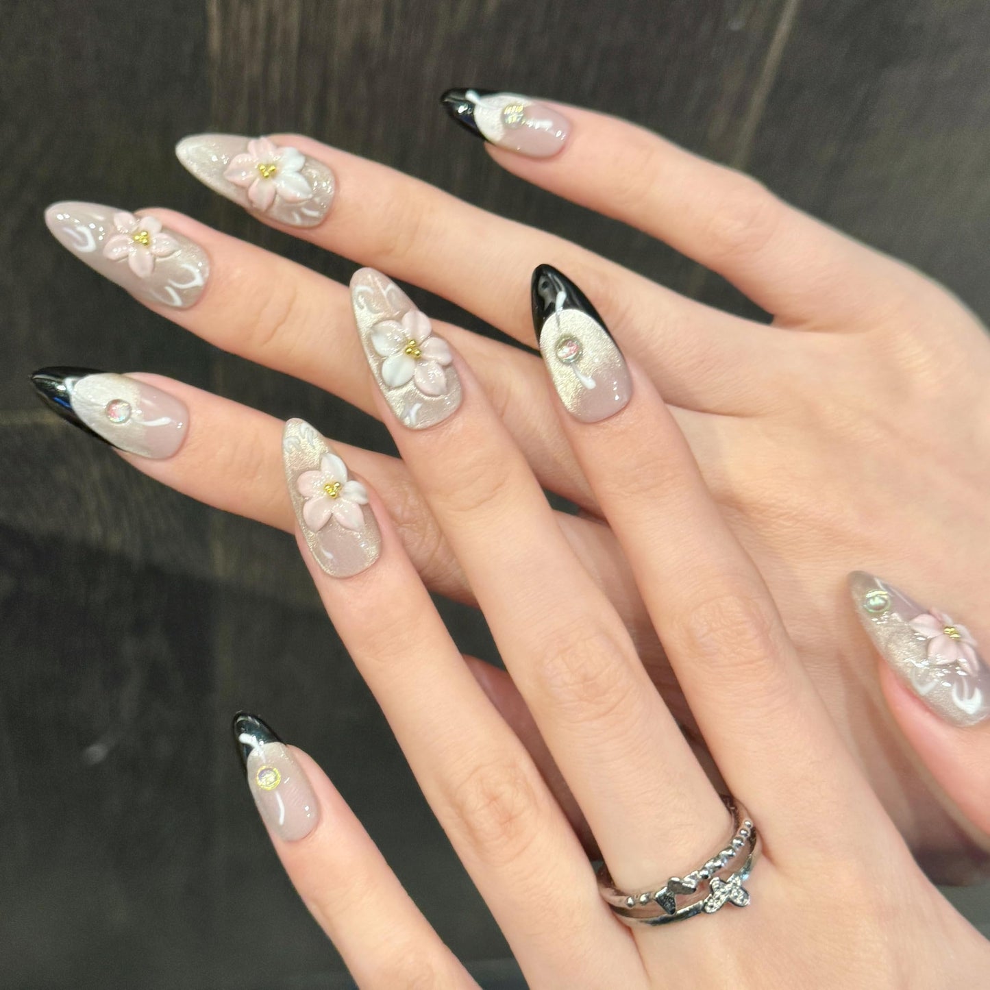 Handmade Press On Nails-3D Almond Pink Glitter Cats Eye Carved Flower,Wedding Prom And Festival Gift,Thick Acrylic and Muti-Layer Gel Reusable False Nails (L)