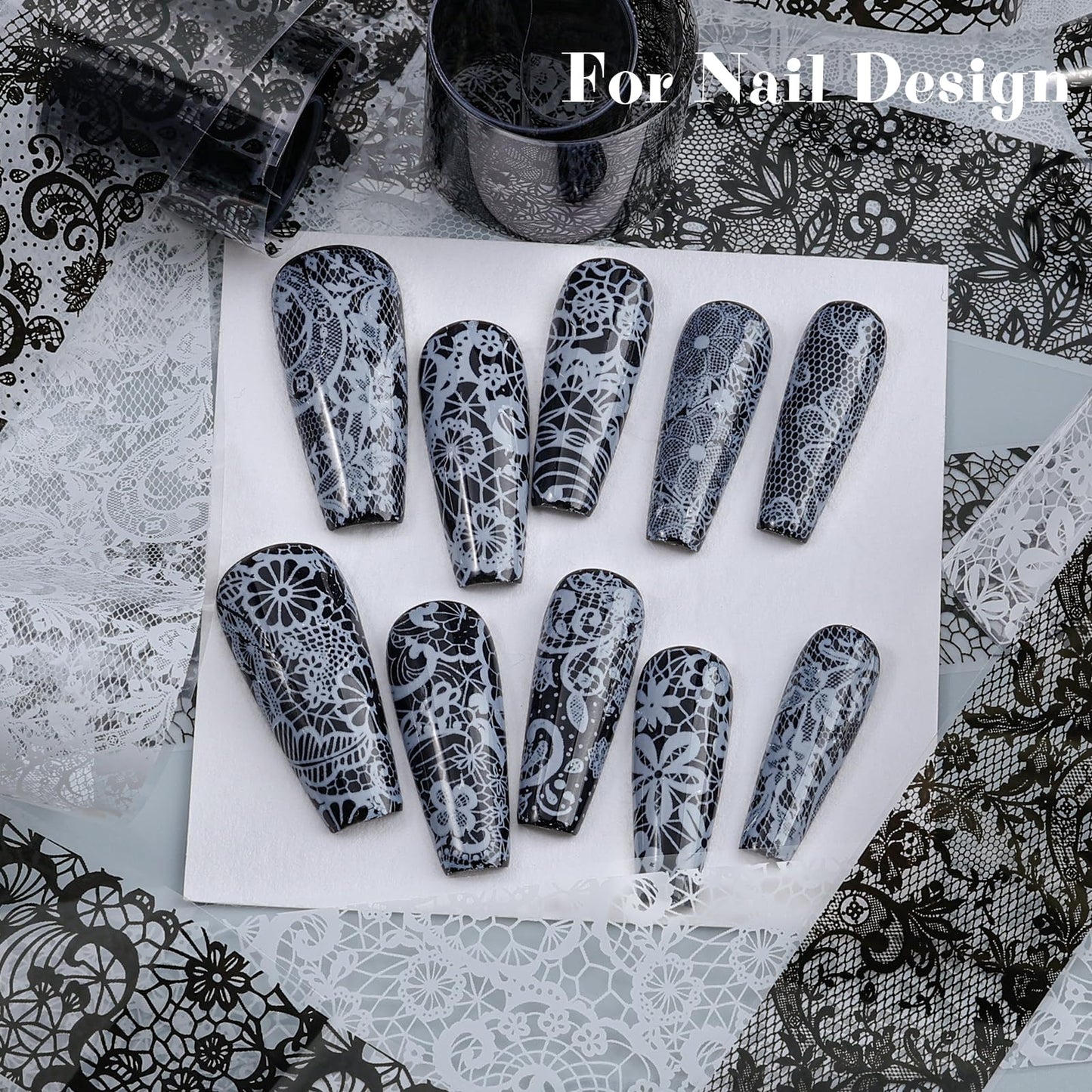 20 Rolls Lace Nail Foil Sheets, Black and White Flower Nail Transfer Foil, Nail Art Decals and Holographic Foils for DIY Acrylic Nails, Manicure Stickers and Nail Decoration for Women