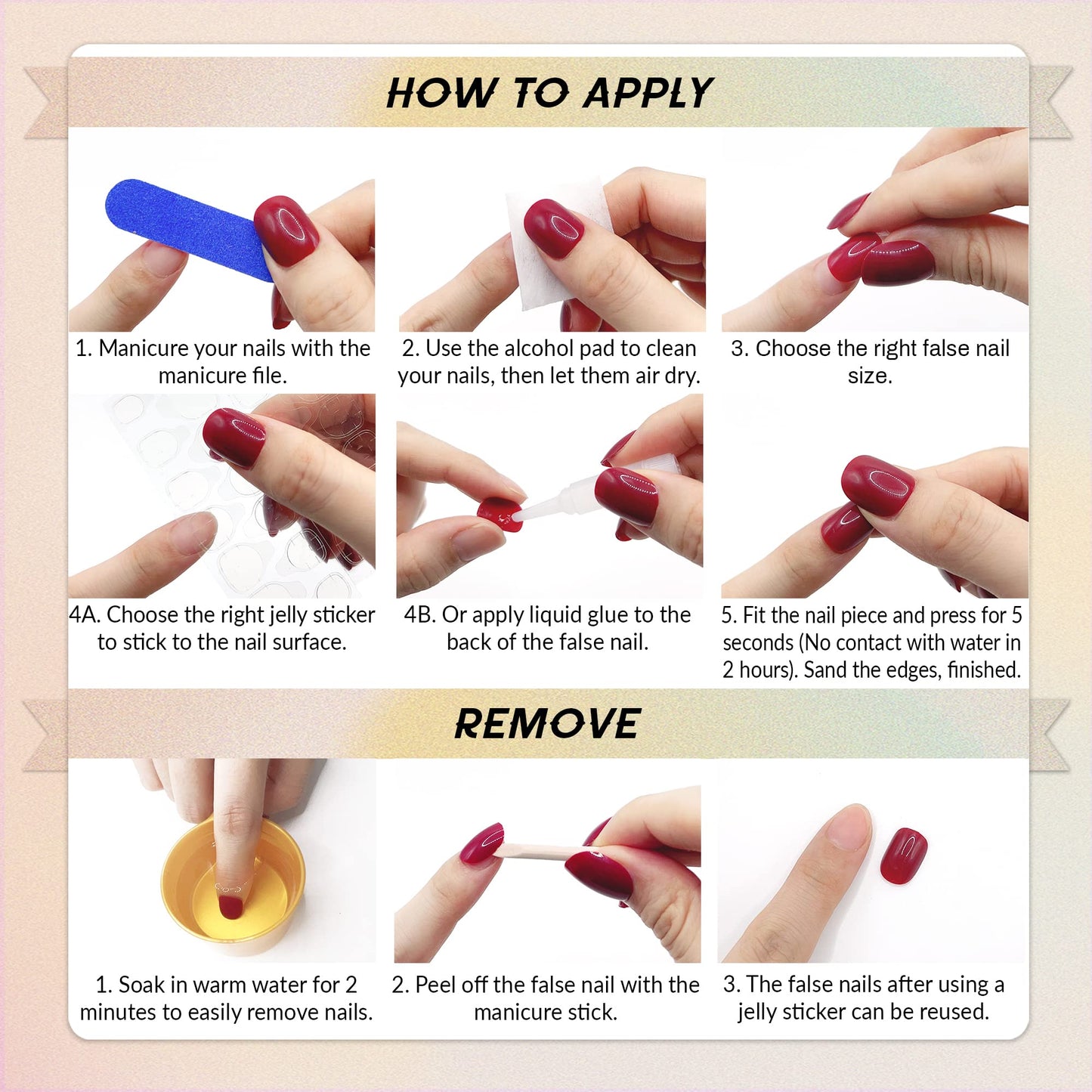 Qsnidy Press on Nails Square - Red Velvet Fake Nails Medium Acrylic Glossy Full Cover Stick On Nails for Women and Girls Daily Wear, Natural Fit Glue on Nails in 12 Sizes - 24 Nails Kit