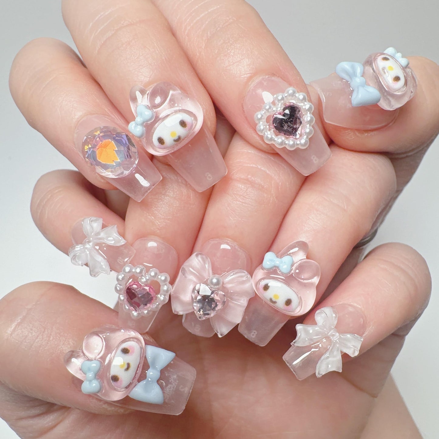 NLSJMP Acrylic Pink Rabbit Press on Nails Medium Square,Reusable Handmade Kawaii bow pearl Gel Nails Press On, Luxury Fake Glue Stick on Nails,10 Nails Size S,#949