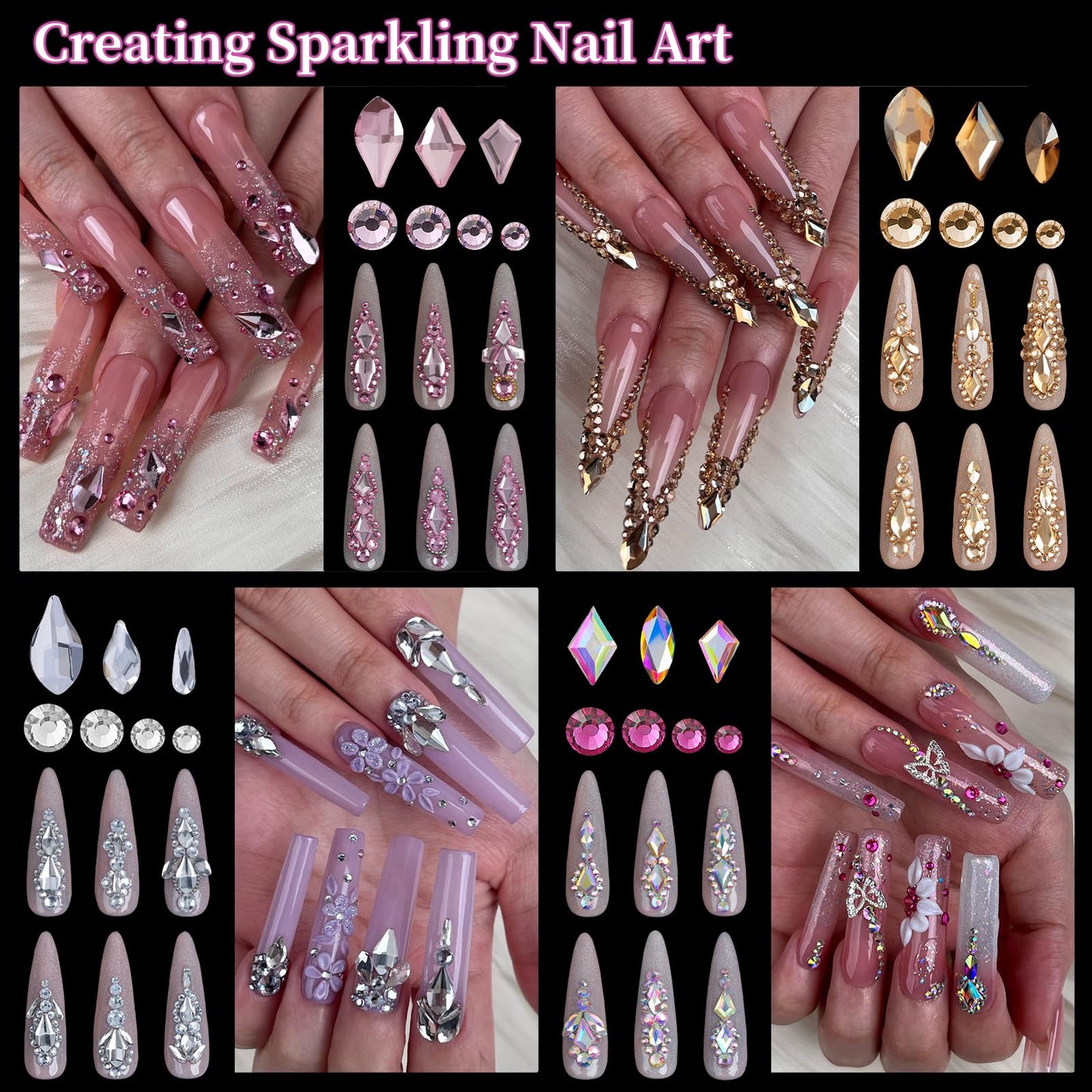 EARLMONI 12000PCS Flat Back Rhinestone Kits Pink Rhinestones Silver Face Gems Gold Nail Charms Flatback Pearls + Rhinestone Picker Tool 3D Shapes Nails Jewels for Bedazzling Face Makeup and Nail Art