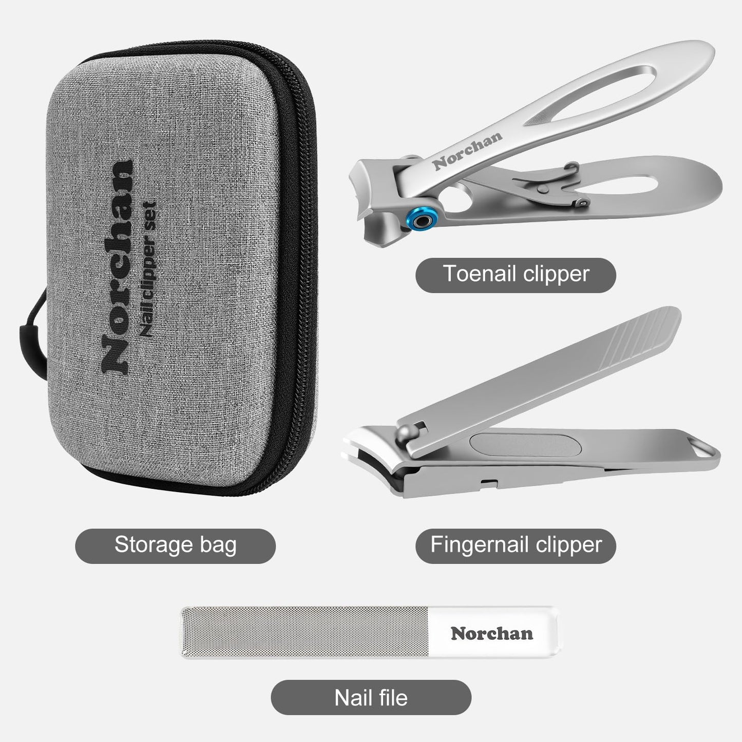 NORCHAN 3-Piece Nail Clipper Set, Stainless Steel Fingernail & Toenail Clippers with Nail File, Compact Travel Case, Portable Grooming Kit for Toiletry Bag, Home Use, Men & Women
