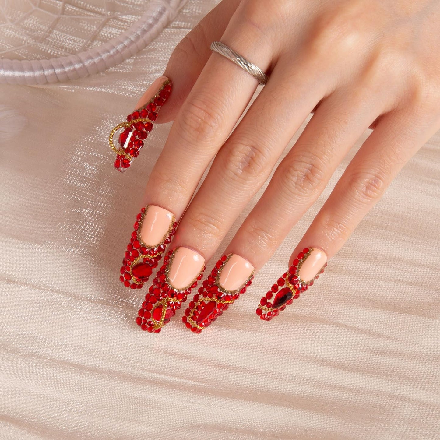 LOVFUL Press on Nails Flamingo | Handmade with Full Covered Crystals | Reusable Full Cover Nails | Coffin Classic Regular 1.3 in | H37-L