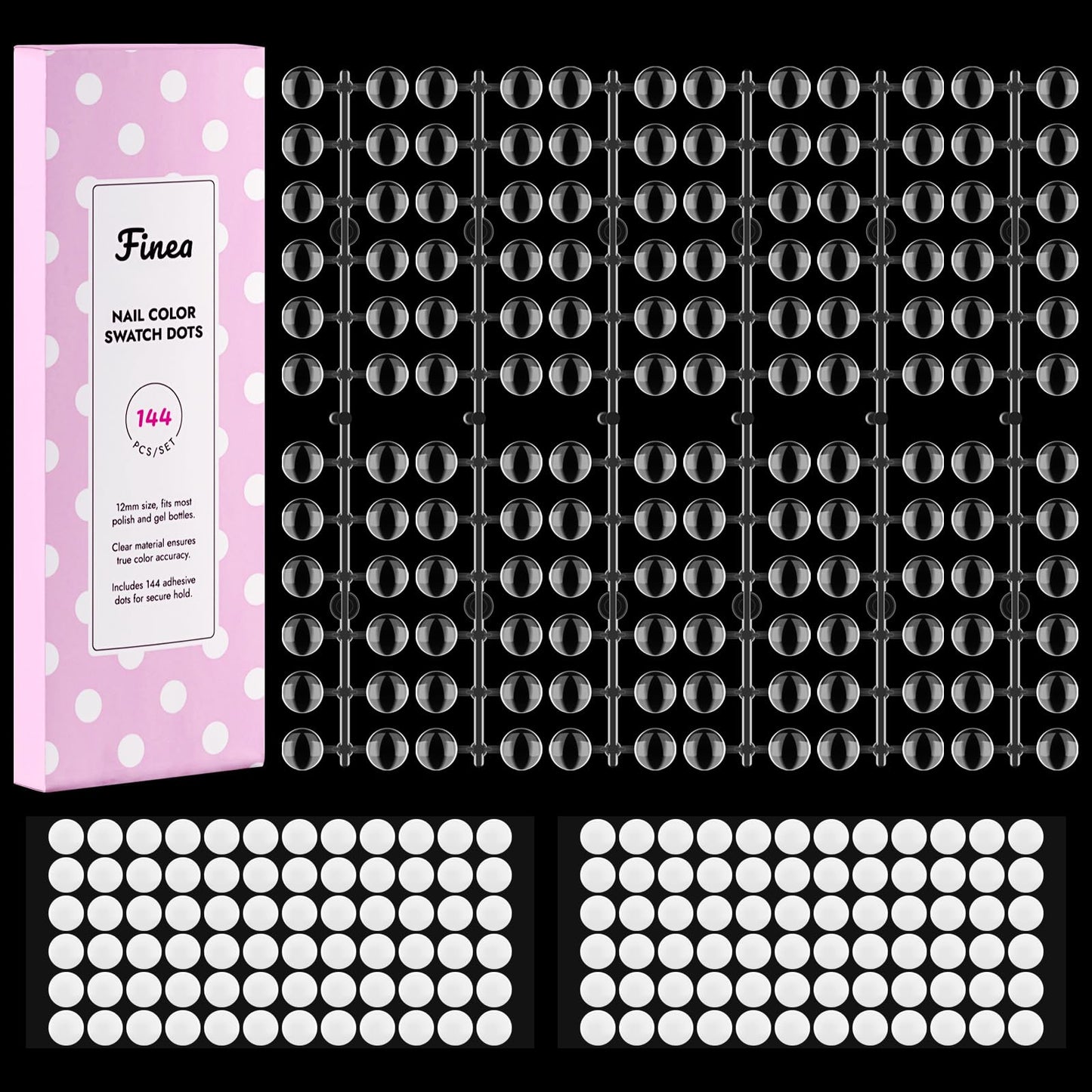 Finea 144pcs Gel Nail Polish Color Display Swatch Dots with Stickers Clear Transparent Acrylic Plastic Labels Nail Art Paint Color Analysis Chart Sample Accessories Nail Tech Must Have Salon Supplies