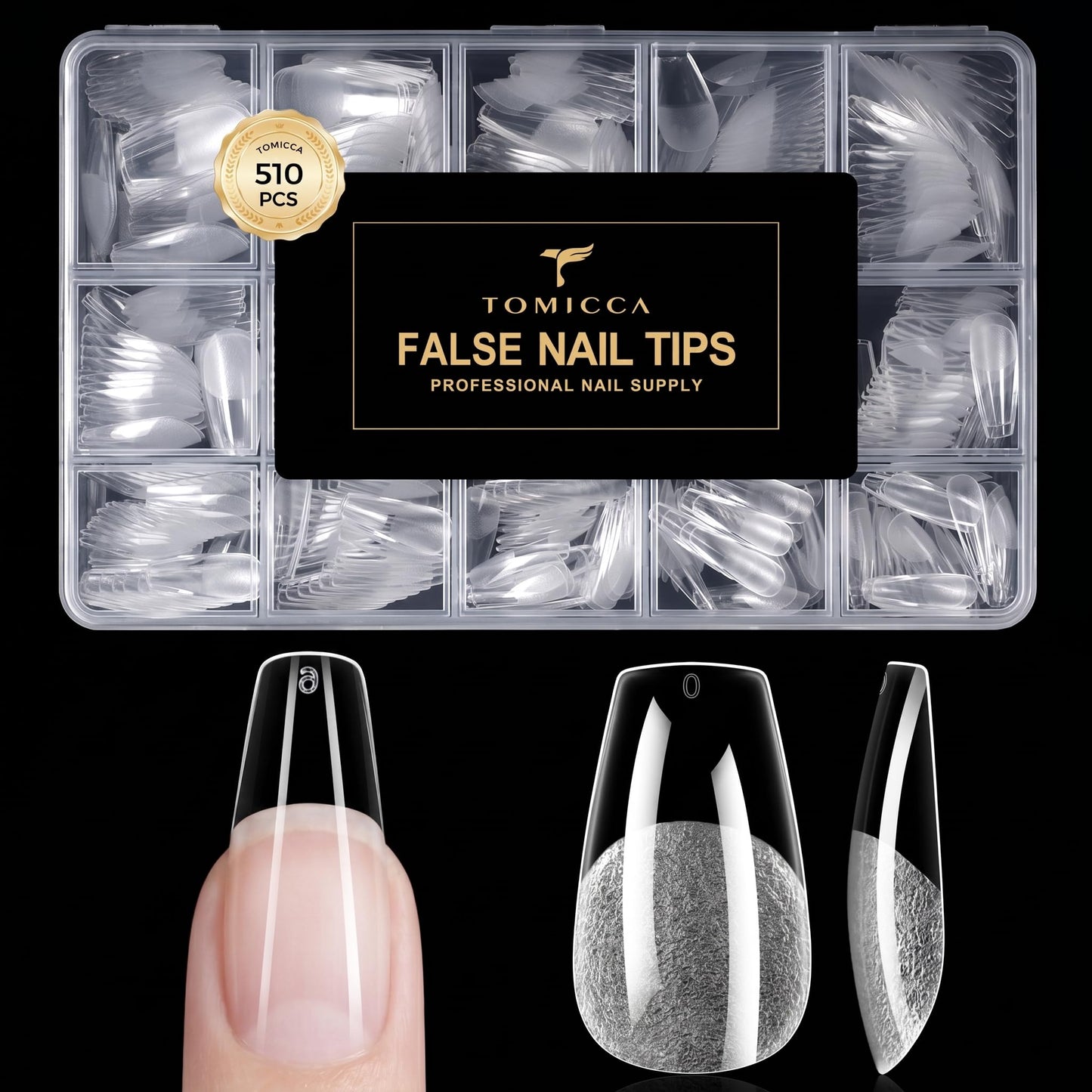 TOMICCA Medium Coffin Nail Tips 510PCS, 15 Sizes Coffin Nails Tips Full Cover Half Ultra Matte Pre-Shaped Clear Acrylic Nail Tips for DIY Salon, Gel Nail Extension Tips for Beginners & Nail Techs