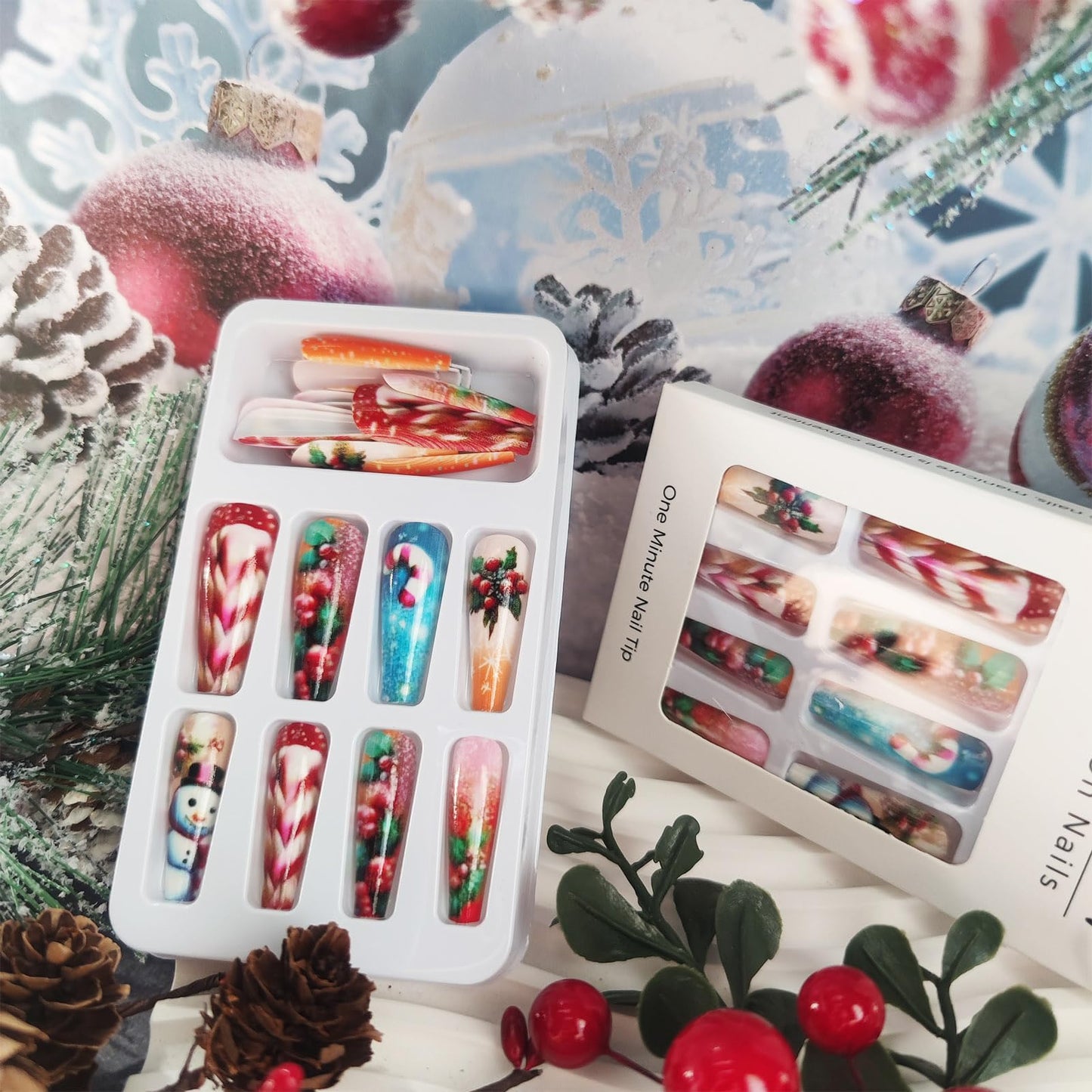 Holly Medium Coffin False Nails Snowman Stick on Fingernails Firework Gel Glue on Nail Christmas Press on Nails 24Pcs Glossy Red Candy Cane Acrylic Fake Nail for Women Xmas Gift