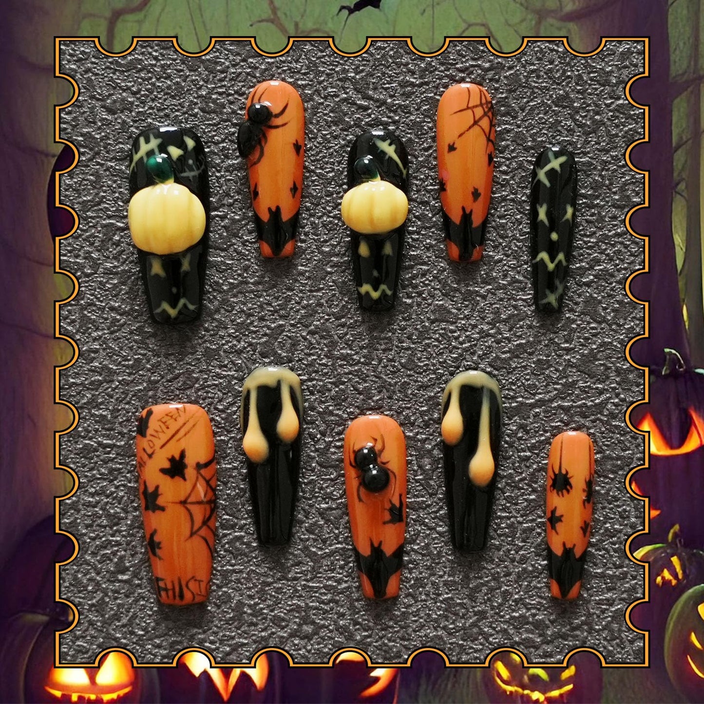 Tesytto Halloween Press on Nails Ballerina Shape Long Coffin - Black Base with Ant Web Bat Dripping Effect 3D Nail Art for Women & Girls (Pumpkin Bat Silhouette,S)