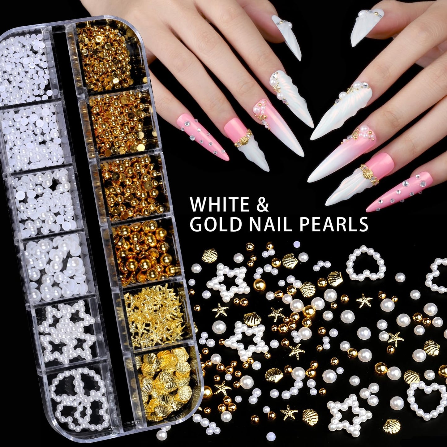 Teenitor 4 Boxes Nail Charms and Gems Set, Nail Rhinestones Nail Kit with Nail Art Brushes Nail Stand, Nail Gems Nail Design Tools with 15pcs Nail Stickers, Gold Nail Pearls for Women Nail Decorations