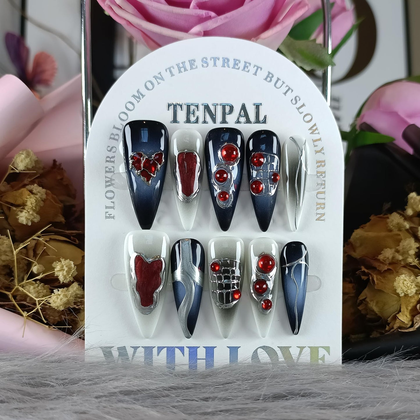 TENPAL Halloween Vampire Nails,Gothic Press On Nails Long Stiletto With Tools,Black Dark Ombre Fake Nails with Red Gems,10Pcs Hand-Painted Glossy Acrylic Glue on Nails for Women Parties Events(S)