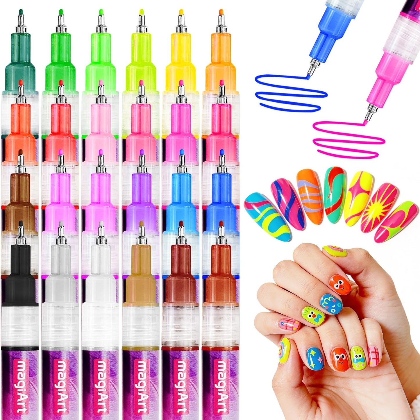 VIVIBOOM Glow In The Dark Nail Art Pens, 24 Color 0.5 MM Fluorescent Neon Nail Polish Pens Set Drawing Point Painting Liner Painted Pen Kit, Waterproof Nail for DIY Design Manicure Tools