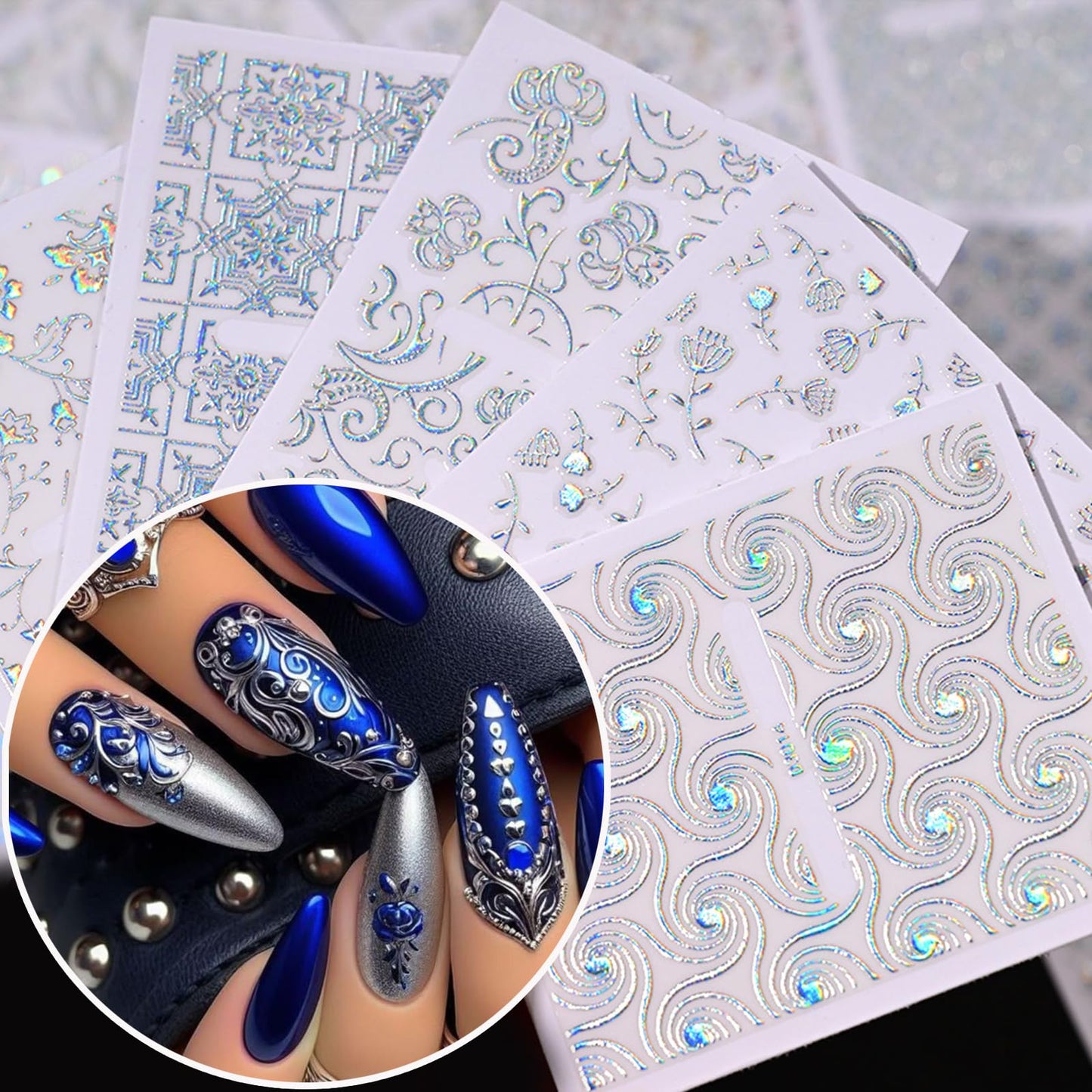 WEIXIWUYU Laser Silver Hollow Retro Floral Vine Nail Art Stickers Laser Silver Lace Design Nail Supplies 3D Self-Adhesive Nail Stickers for Women Girls DIY Manicure Slider Decorations 30 Sheets
