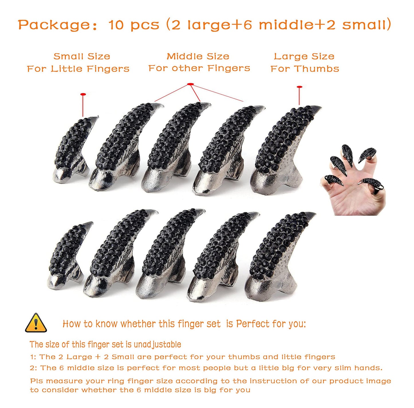 10 Pcs Halloween Costume Fake Finger Claws - Gothic Punk Cosplay Nail Rings - Sparkling Crystals Paved Party Accessories for Girls Women Men - Witch Vampire Paw Fingertip Claw Nails, 3 Sizes - Black