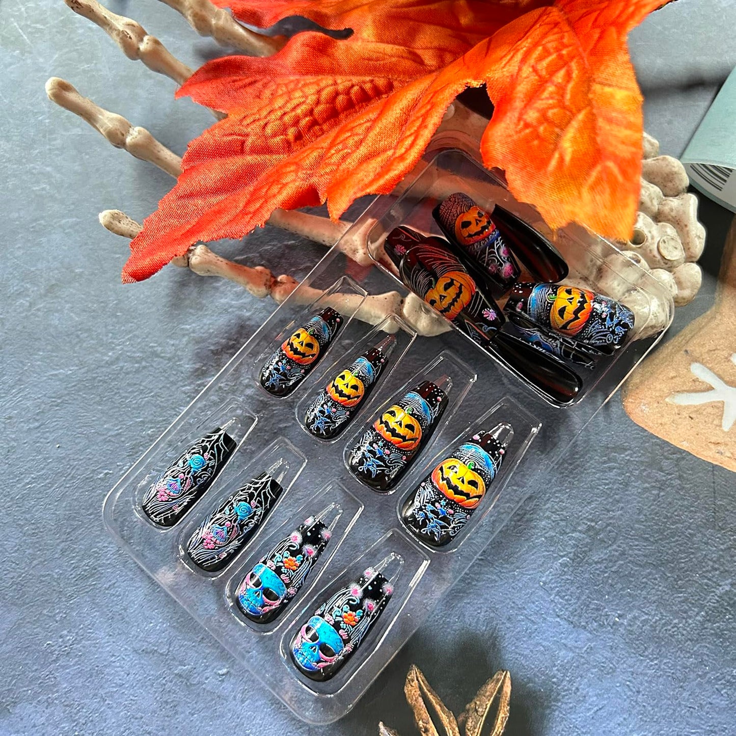 24Pcs Halloween Press on Nails Long Ballet Shaped Horror Skull False Nail Full Cover Artificial Acrylic Fingernails Pumpkin Flower Design Halloween Nail Festival Glue on Nails for Women Supplies