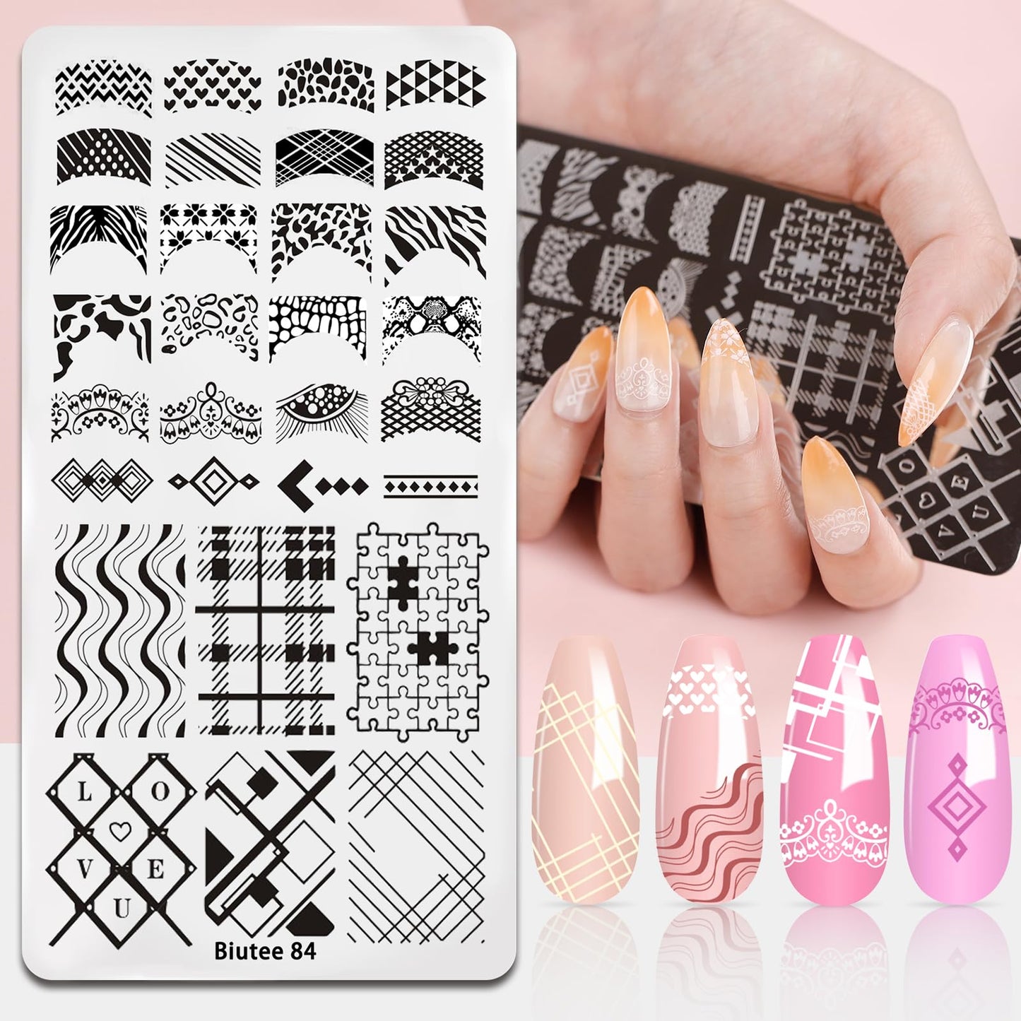 Biutee Nail Art Stamping Plates Set 10PCS French Line Stamp Templates, Nail Stamping Kit with Silicone Nail Stamper for DIY Print Manicure Salon Design Gift In Home