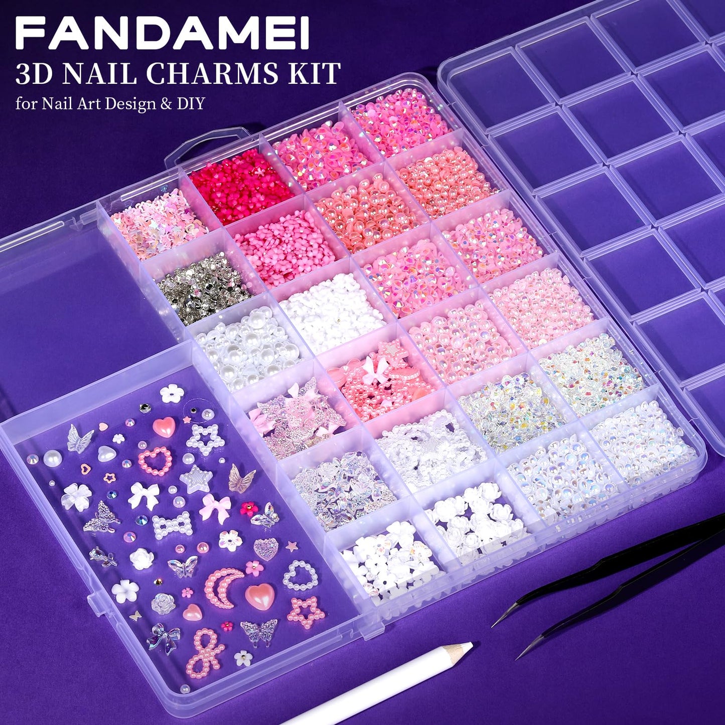 FAMDAMEI 24 Grid Flat Back Pearls and Rhinestones for Dazzling Kit, Clear White Pink Pearls Flatback Resin Jelly Rhinestones,Flower 3D Nail Charms and Gems for Crafting Rhinestone for Crafts