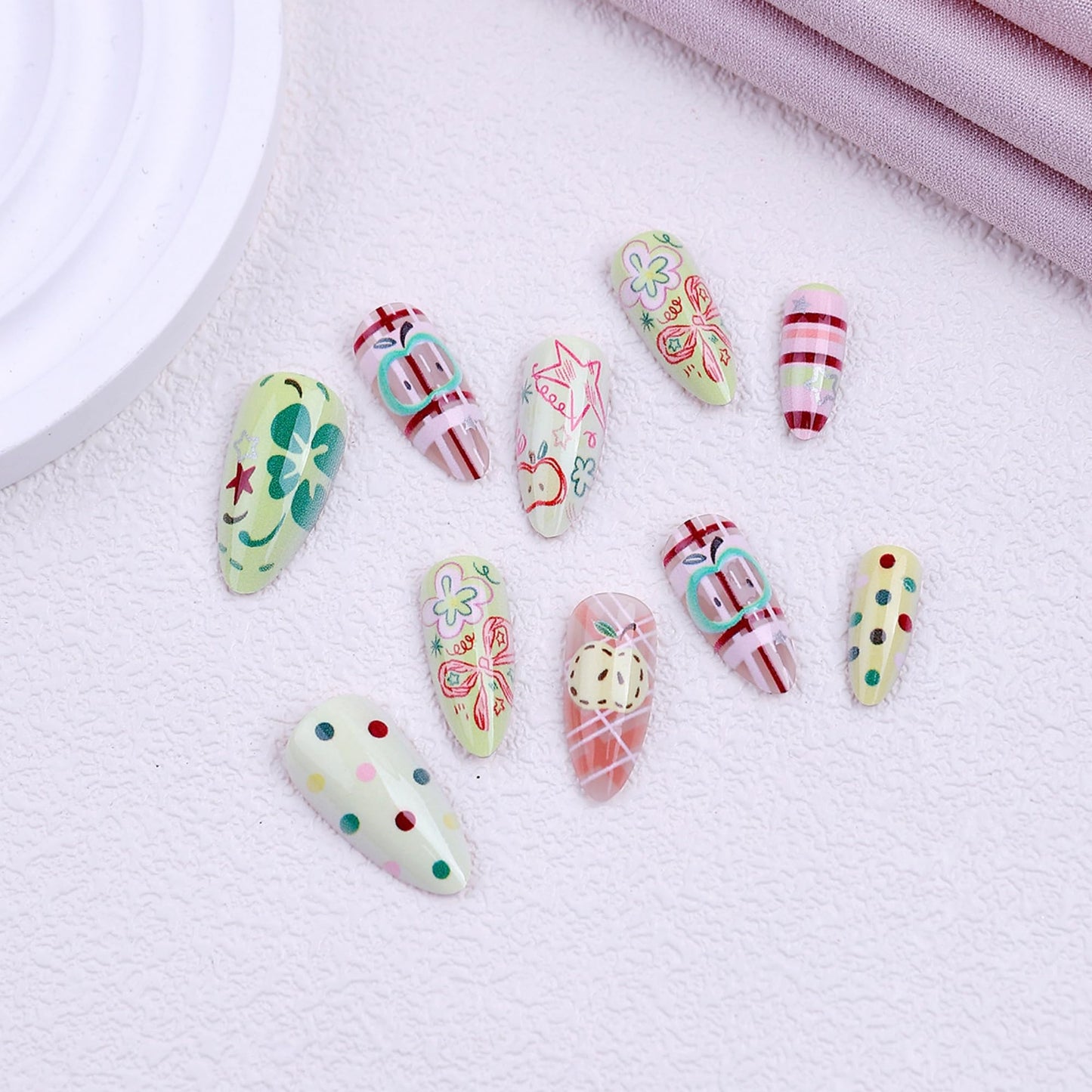 OCTOSWAVE Almond Press on Nails Long Acrylic Fake Nails with Cute Apple, Flower & Plaid Art for Women, Y2K Preppy Style for Party, Date, Vacation, 24Pcs