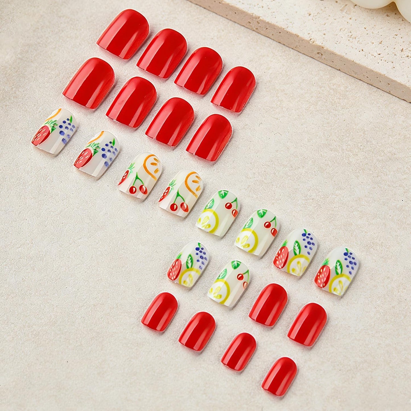 24 Pcs Short Square Press On Nails Red Fake Nails With Fruits Designs Summer False Nails Full Cover Cute Stick On Nail Glossy Reusable Acrylic Glue On Nail For Women Manicure Art
