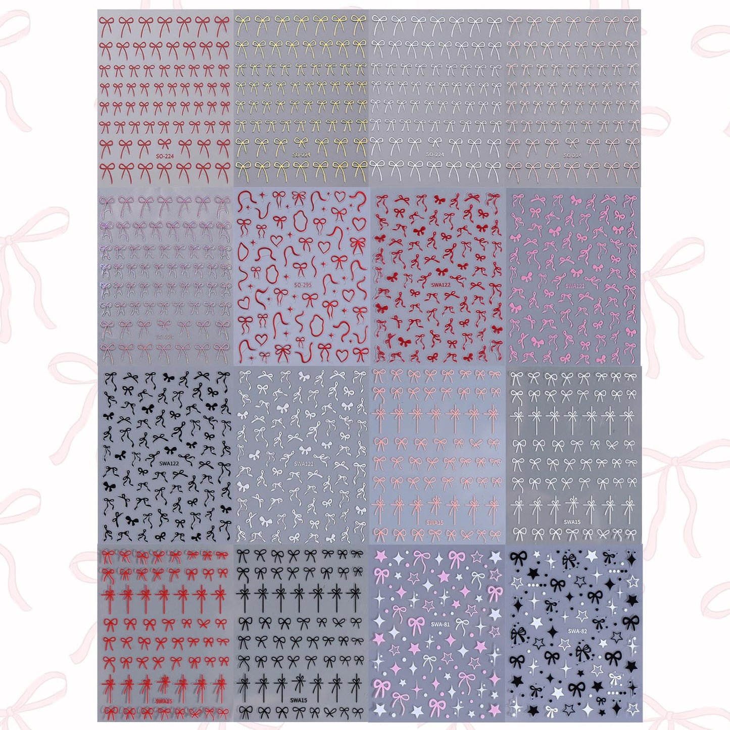 Bow Nail Art Stickers Decals 16 Sheets Red Ribbon Stickers for Nails Cute Gold Silver Pink Black White Bows Decals 3D DIY Self-Adhesive Nail Designs Manicure Decorations Accessories for Women
