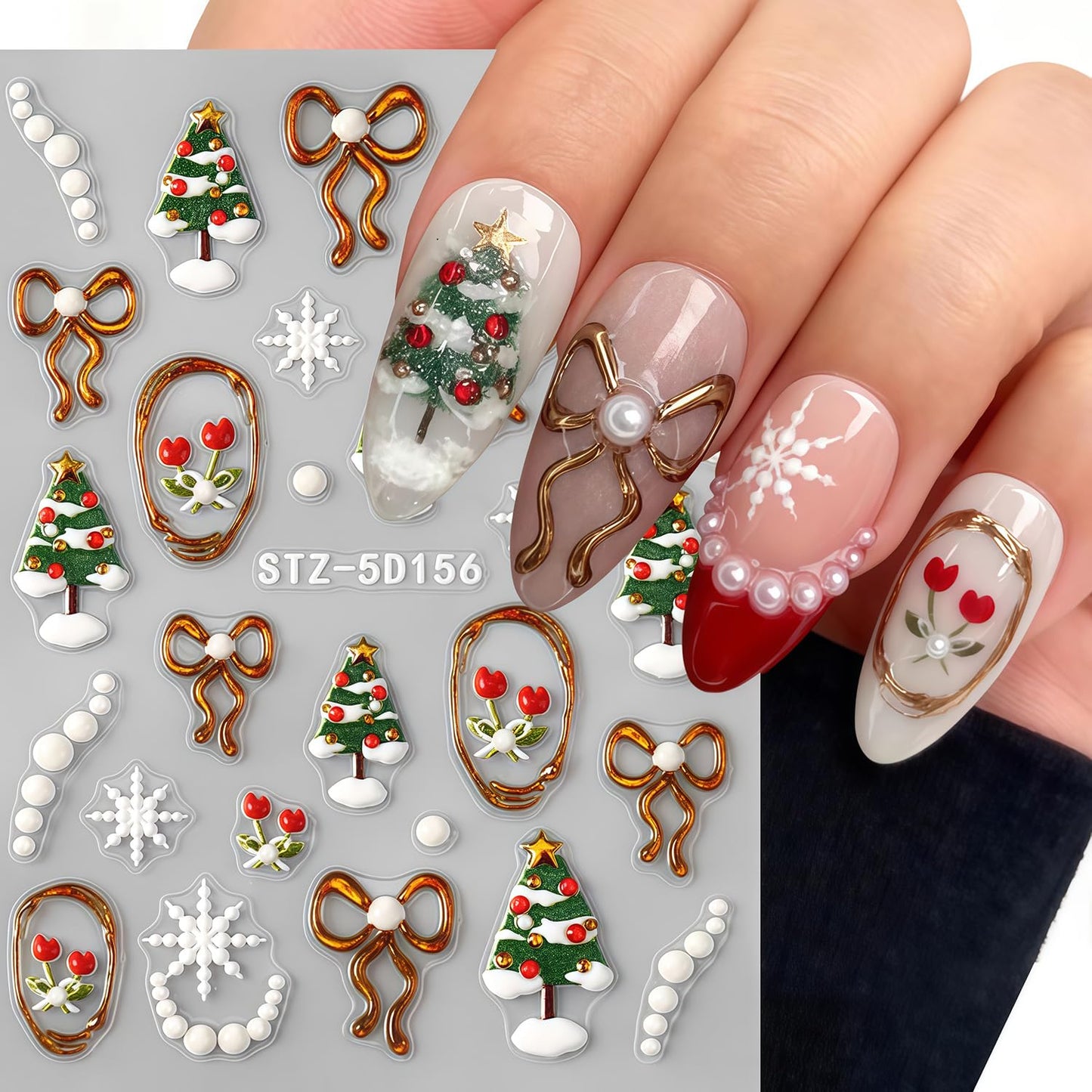 6 Sheets Christmas Snowflake Nail Art Stickers Winter Snowflakes Nail Decals Self Adhesive Embossed Snowflake Christmas Tree Bow Holly Leaves Nail Stickers for Women New Year Xmas DIY Manicure