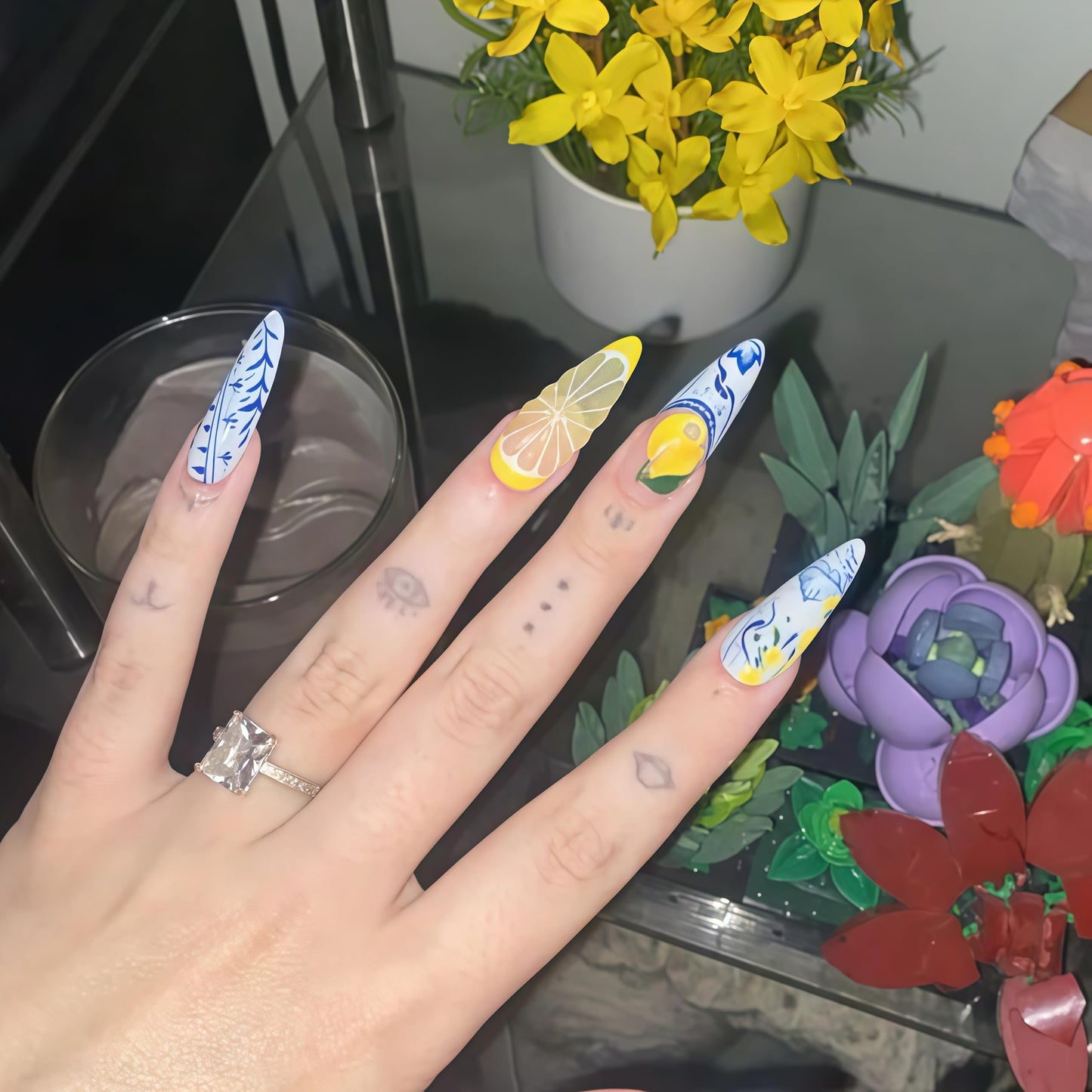 Handcrafted Press On Nails Italian Vacation Style Lemon & Blue Ceramic Pattern 100% Handmade Realistic Artistic Fake Nails With Adhesive Glue Tabs Gifts For Women (Hand-Painted Lemon,Long Stiletto M)