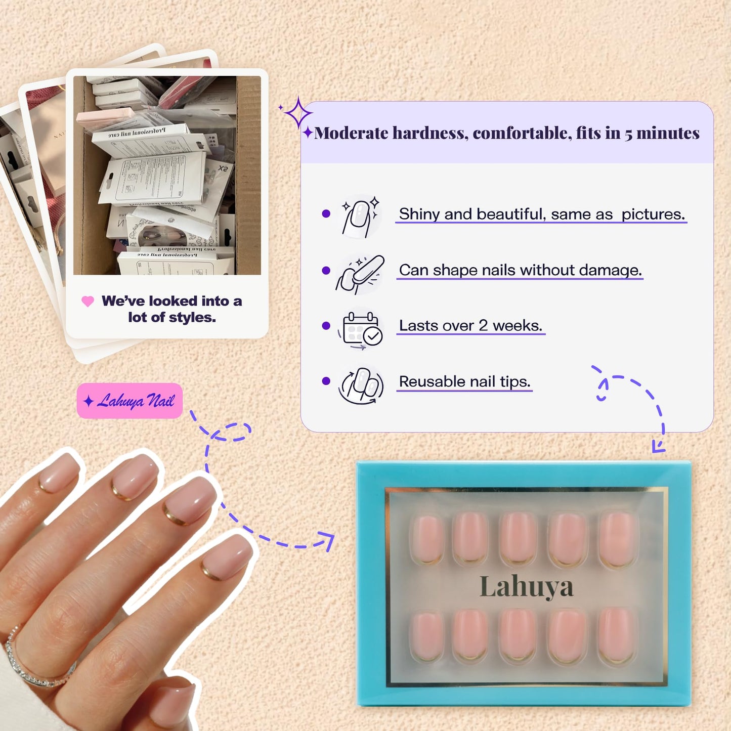 Lahuya Press On Nails - Golden Standard | Nail Artist Designed Short Squoval Milky Pink Fake Nails with Minimalist Gold French Edge, Glossy Finish, Salon Quality | 15 Sizes - 30 Nail Kit with Glue