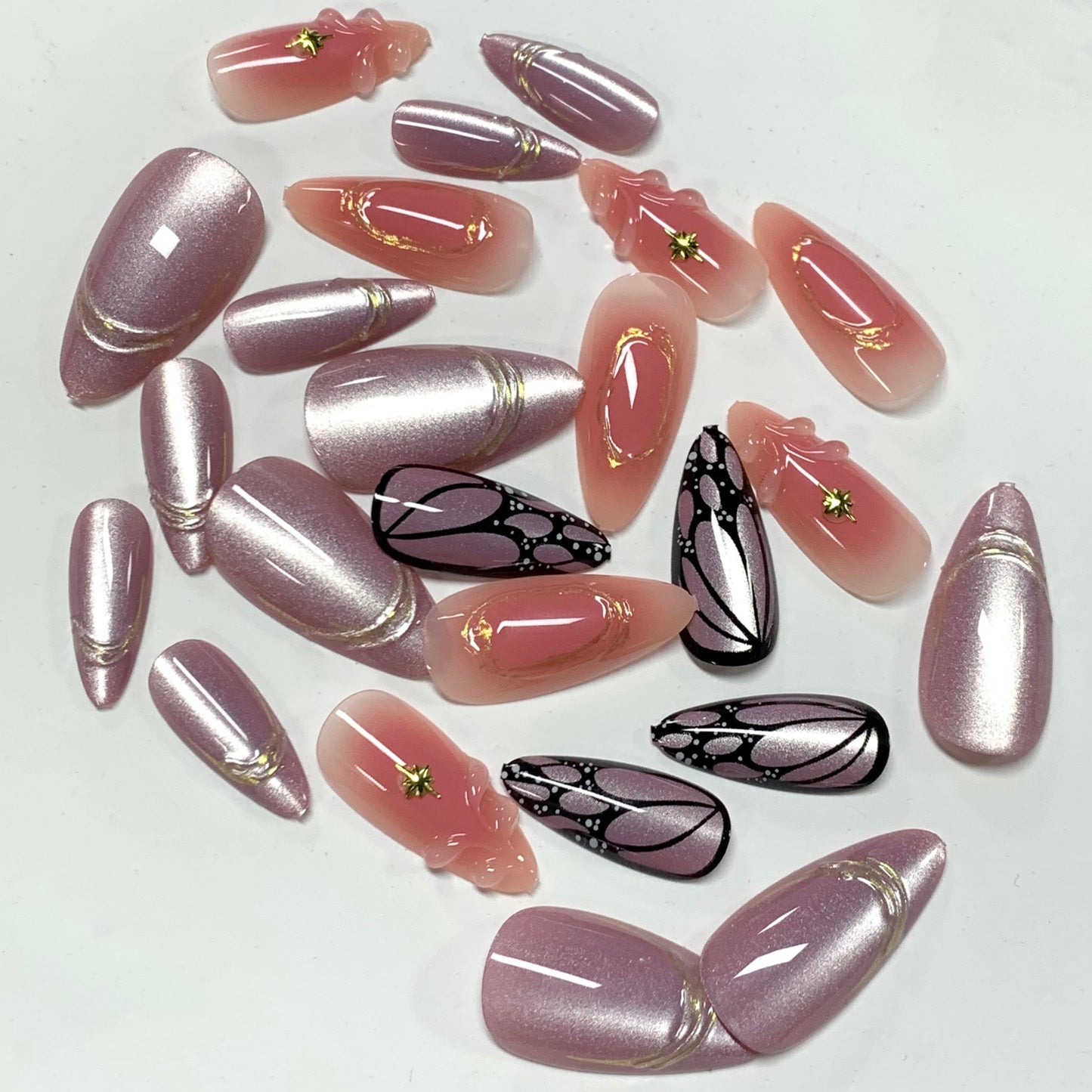 BABALAL Press On Nails, Medium Almond Fake Nails, Pink Purple Cat Eye Ombre With Gold Star & Butterfly, Y2k Summer Bling Shiny Full Cover Glue On Nails 24Pcs