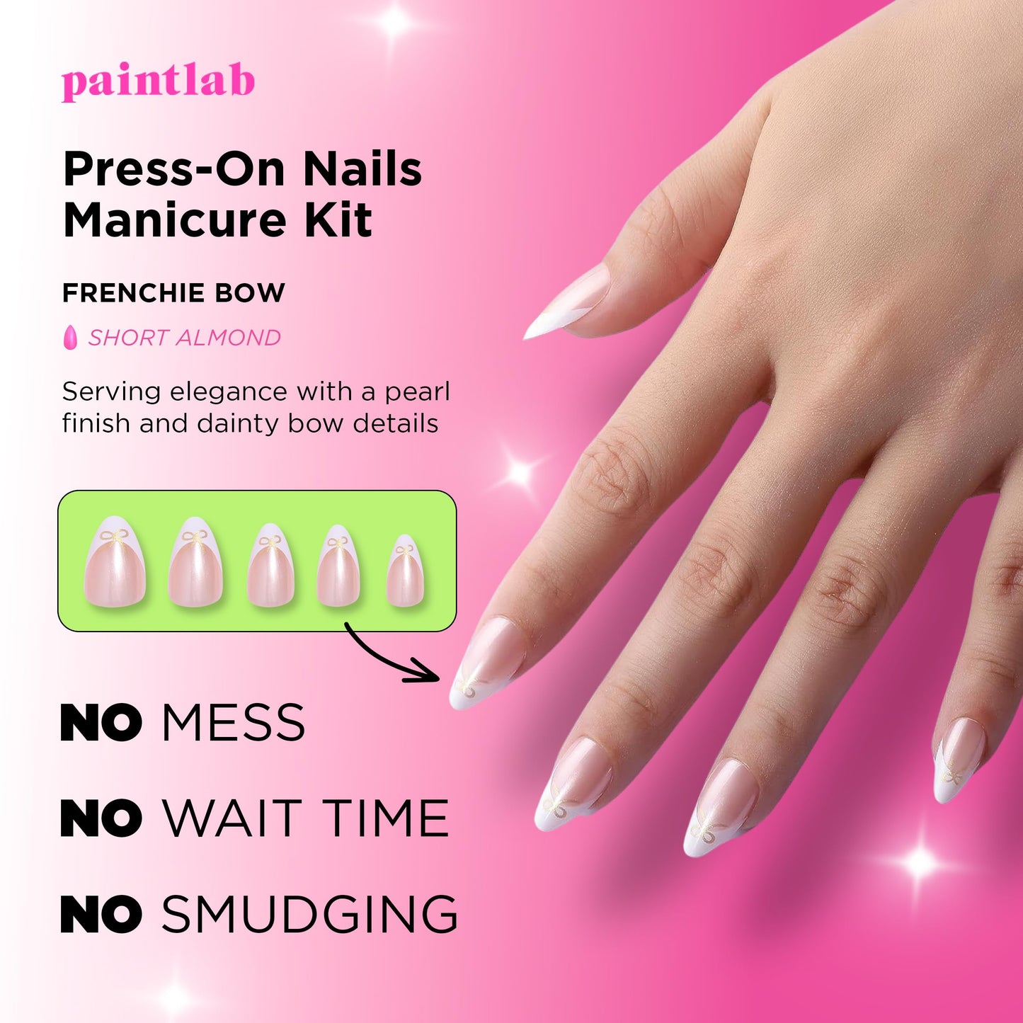 PaintLab Press On Nails - Frenchie Bow Short Almond Fake Nails, 30 Nails in 15 Sizes with Glue, White French Tip Reusable Salon Quality Press On Nails