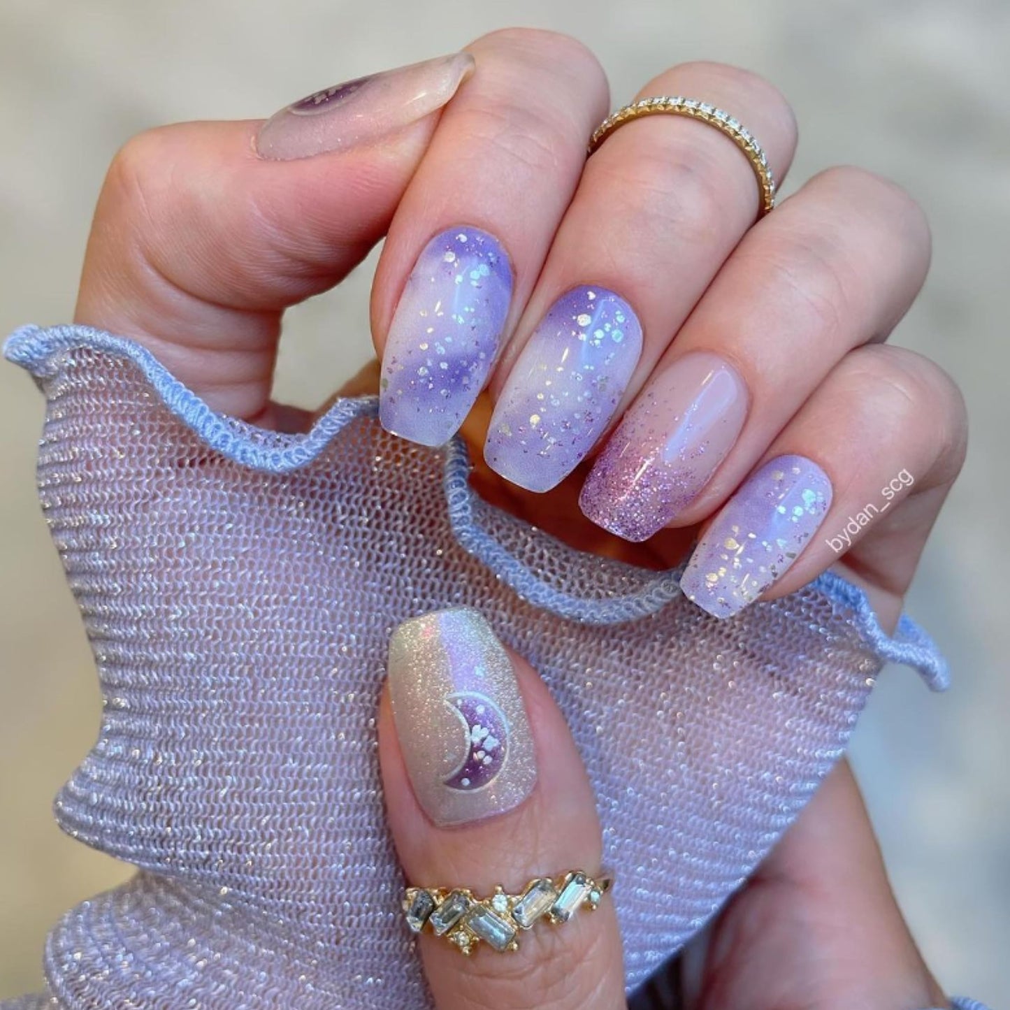 ALICE & BELLA Semi Cured Gel Nail Strips-20 PCS Purple-Blue Holographic Star-Studded Nail Strengthening Gel Stickers, Use with UV Light Lamp, Salon Quality Manicure Wraps (Misty Dream)