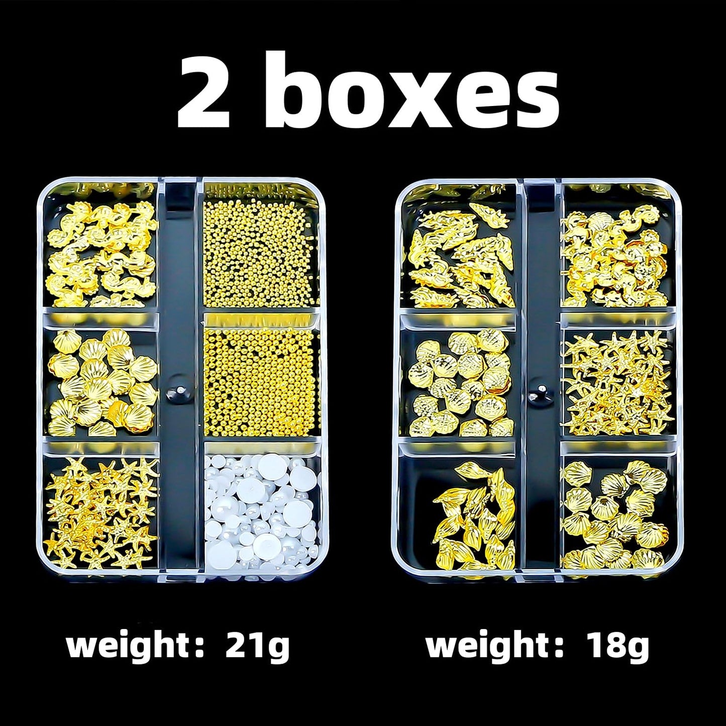 SHUXILIN 2Boxes Summer Steel Studs Metal Pearls Nail Gems Charms Metal Small Seashell Starfish Alloy Seahorse Nail Rhinestones Charms for Acrylic Nail Art Marine Theme Nail Supplies for Women Manicure