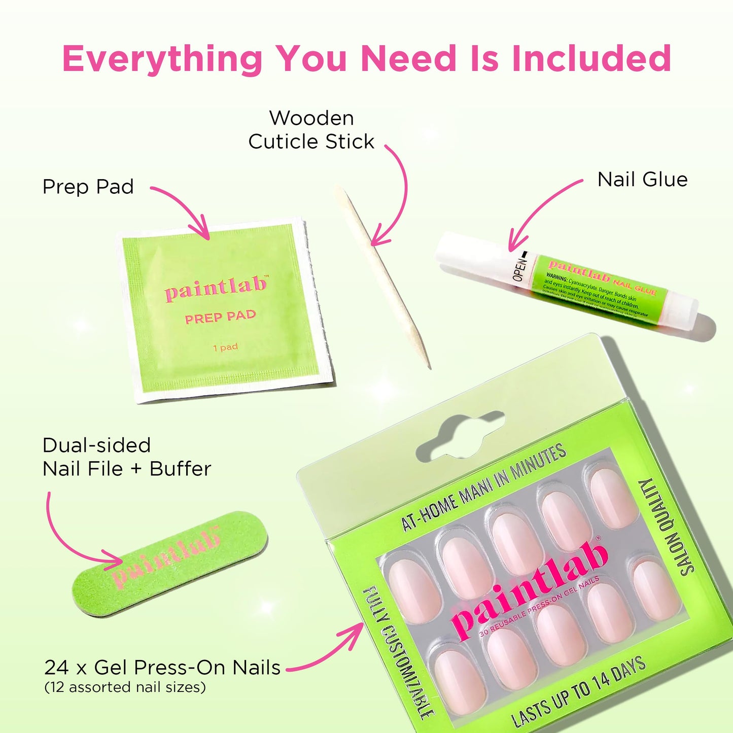 PaintLab Press On Nails - Milky Gradient NudeOval Fake Nails, 30 Nails in 15 Sizes with Glue, Reusable Salon Quality Press On Nails