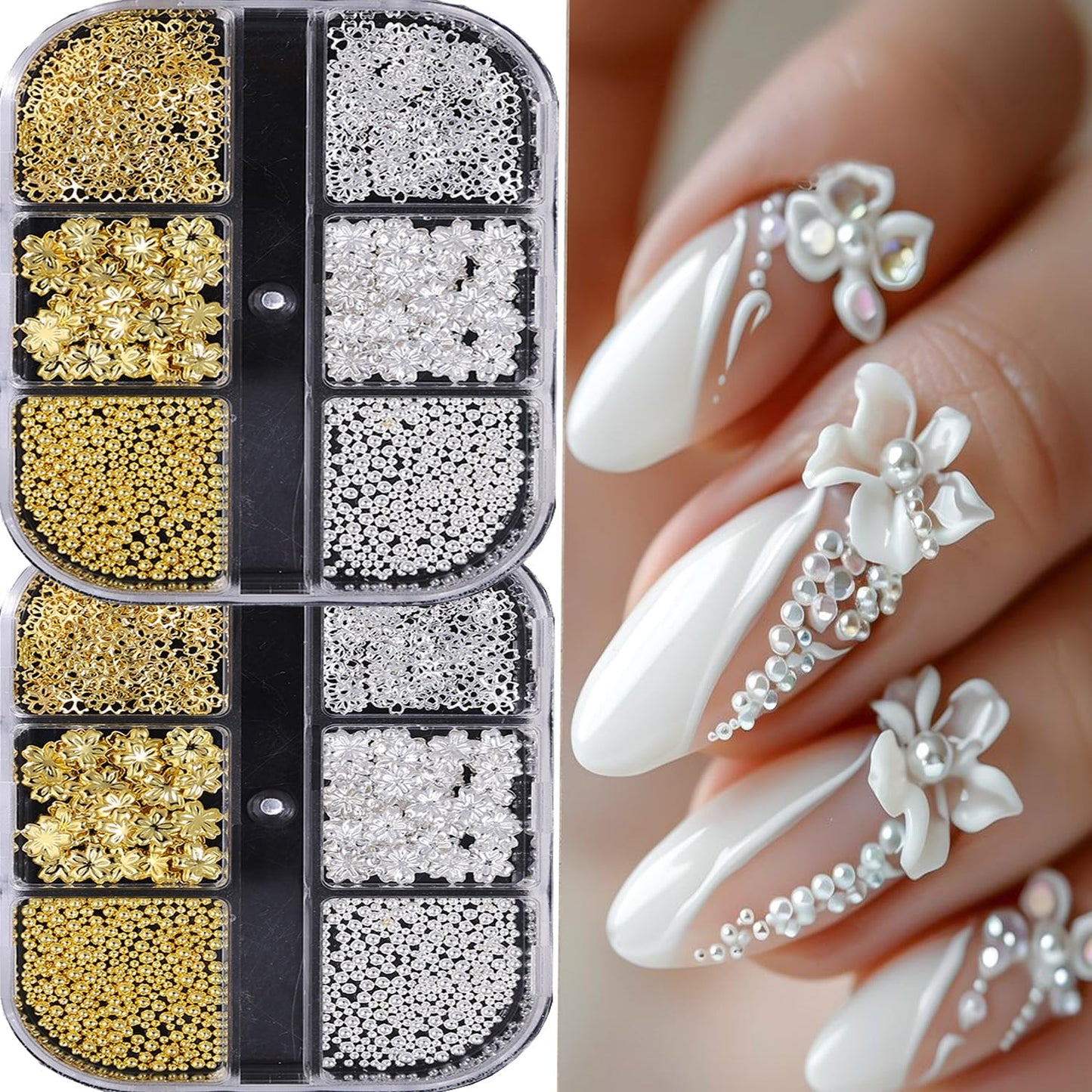 CJDLTS 6 Grids Flowers Nail Decoration, Gold Silver 3D Flower Nail Art Decorations, Metal Cherry Flower Studs with Beads Hollow Flowers Sequins for Women Acrylic Nails DIY Manicure