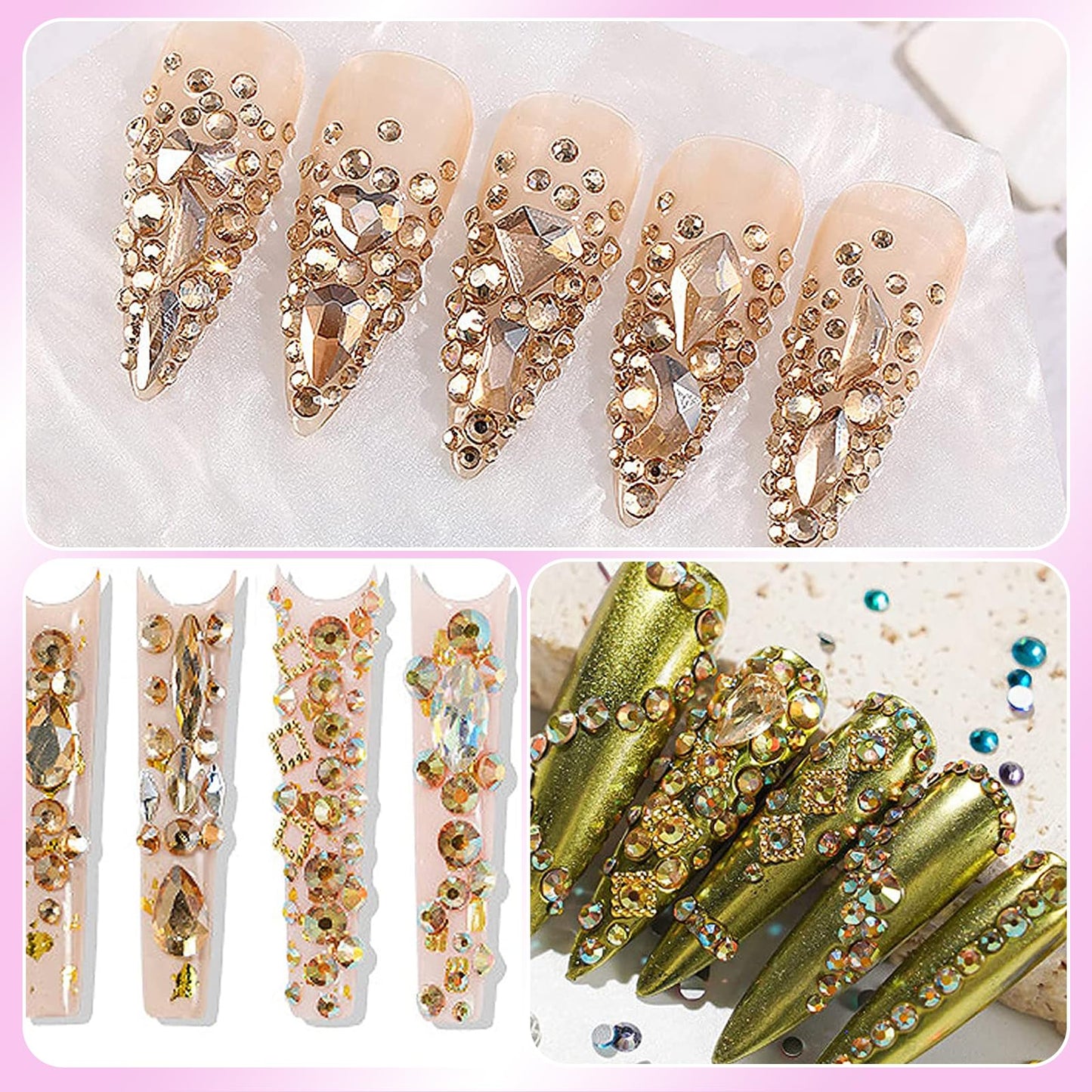 Champagne Gold Nail Art Rhinestones Kit Multi Shapes Crystal Flatback Nail Gems Half Round Rhinestones for Nails, Gold Gems Crystals Glass Rhinestone for Nails Art DIY Supplies Craft