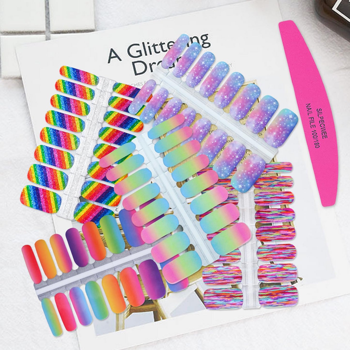 SILPECWEE 5 Sheets Rainbow Nail Wraps Nail Polish Stickers Self Adhesive Nail Polish Strips Gel Nail Strips Ombre Nail Art Design Fingernail Manicure Sticker Nails for Women with 1pc File