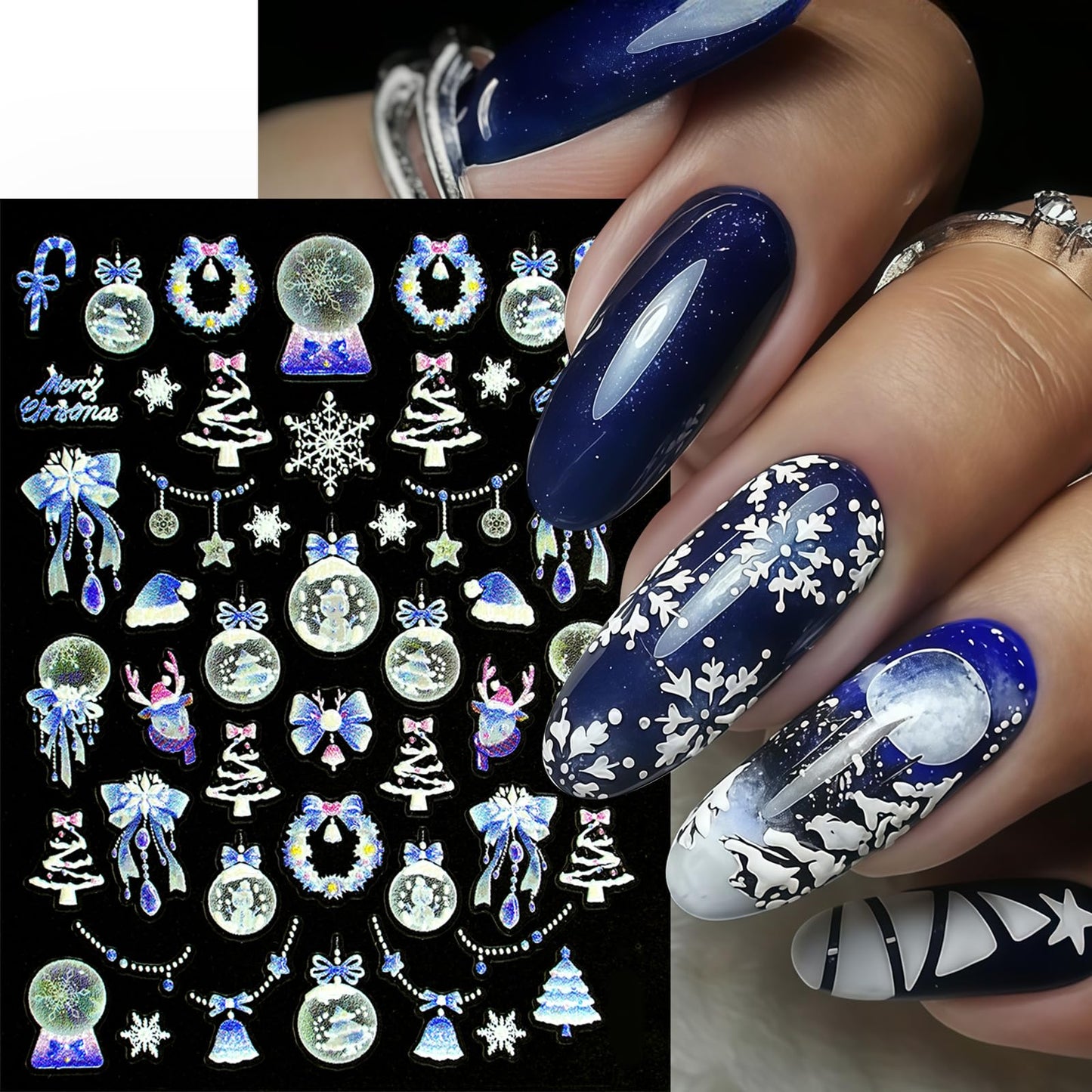 4 Sheets 5D Embossed Christmas Nail Art Stickers Pink Blue Fireworks Christmas Tree Nail Stickers Self-Adhesive Snowball Tree Nail Decals for Women Winter Xmas Holiday Manicure DIY Nail Supplies