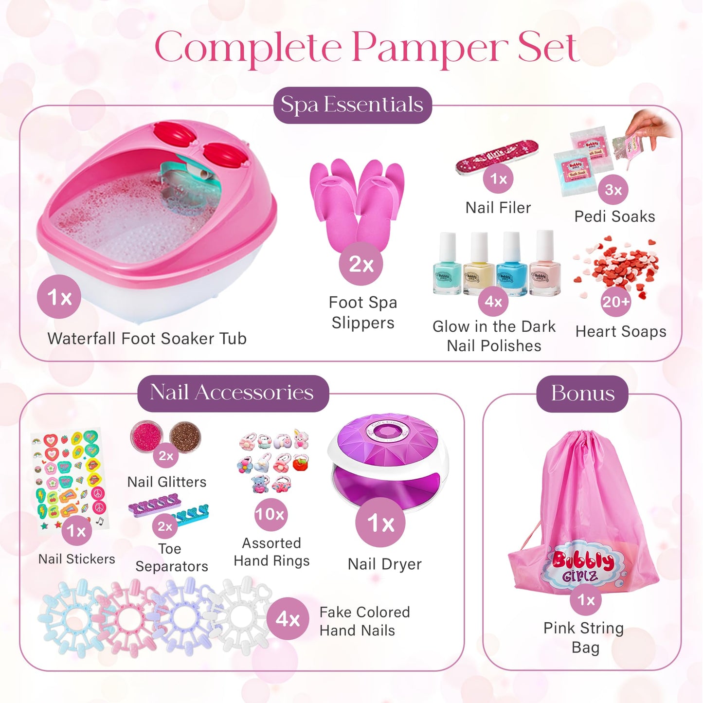 Glow in Dark Kids Spa Day Kit for Girls, 42+ Pieces Waterfall Foot Spa Toys, Nail Spa Kit, Pedicure Manicure Accessories, Perfect Spa Kit for Girls Ages 6 7 8 9 10 11 12, Fun Birthday Gifts or Present