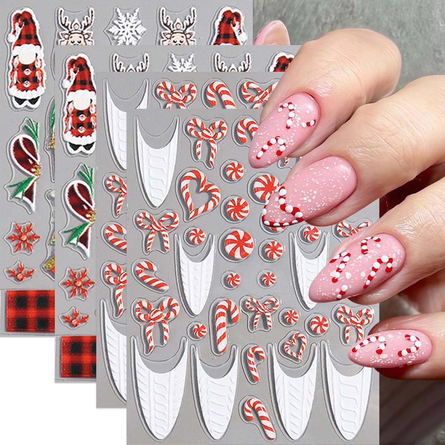 4 Sheets Christmas Nail Art Stickers Candy White French Line Nail Decals 5D Embossed Self-Adhesive Plaid Elk Snowflake Nail Design Nail Decoration for Women Winter Holiday Manicure DIY Nail Supplies
