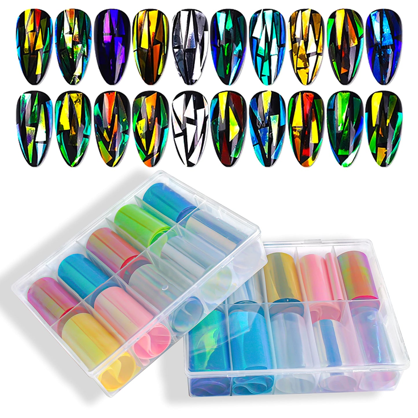 Holographic Nail Foil, 20 Rolls Iridescent Cellophane Nail Stickers Glass Paper Aurora Nail Foil Stickers Nail Decals Nail Accessories Nail Art Supplies (Don't Transfer)