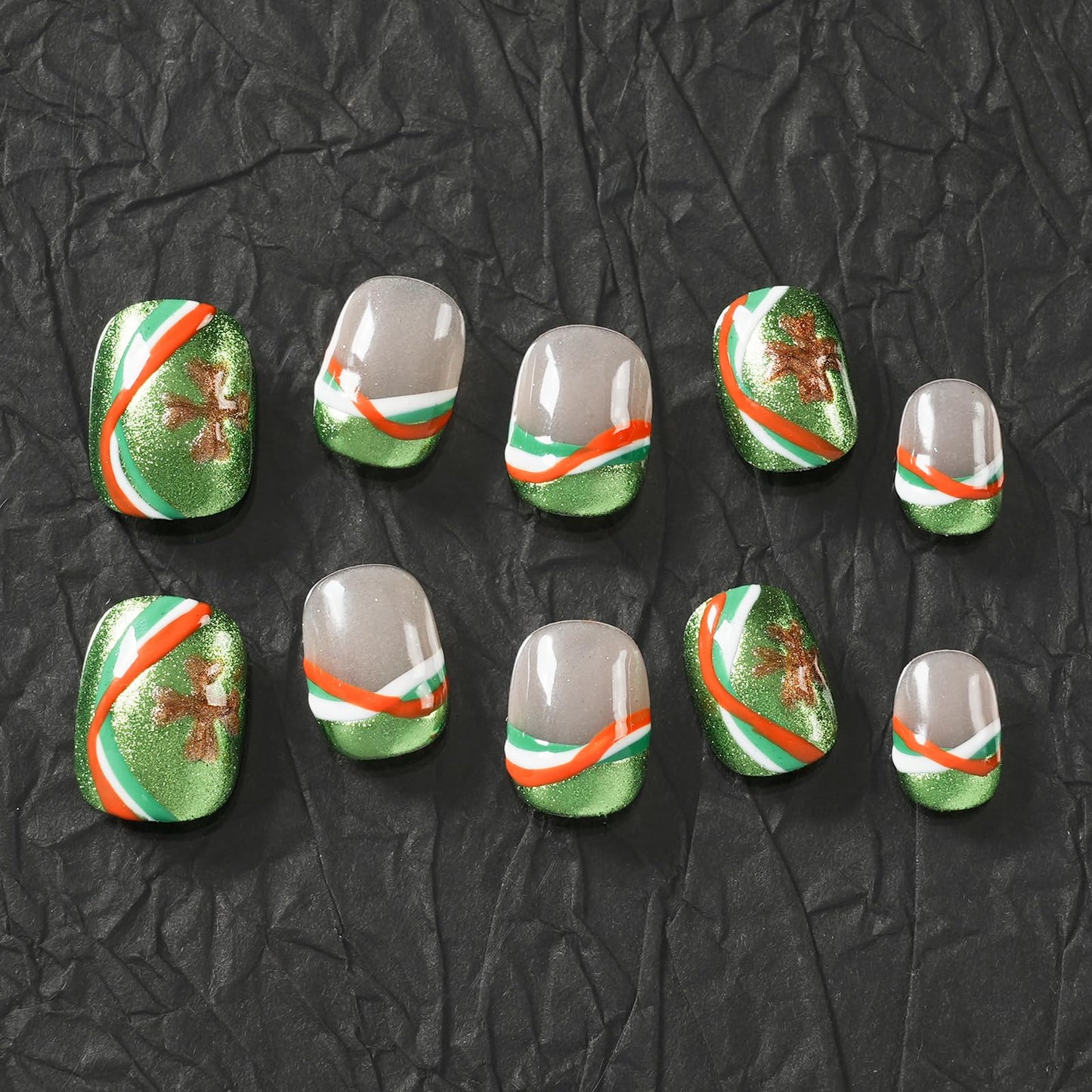 Tesytto Short Round Press On Nails, Green Glitter with Multicolor Line & Gold Clover Accents, Handmade Reusable Full Cover Nail Art (Size L)