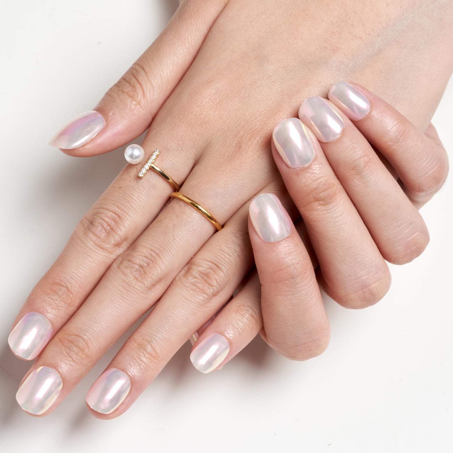 GLAMERMAID Pure White Pearl Chrome Extra Short Press on Nails, Glazed Handmade Gel Fake Nails Short Squoval, Mirror Powder Square Glue on Nails, Acrylic False Nails, Glossy Round Fake Nails for Women