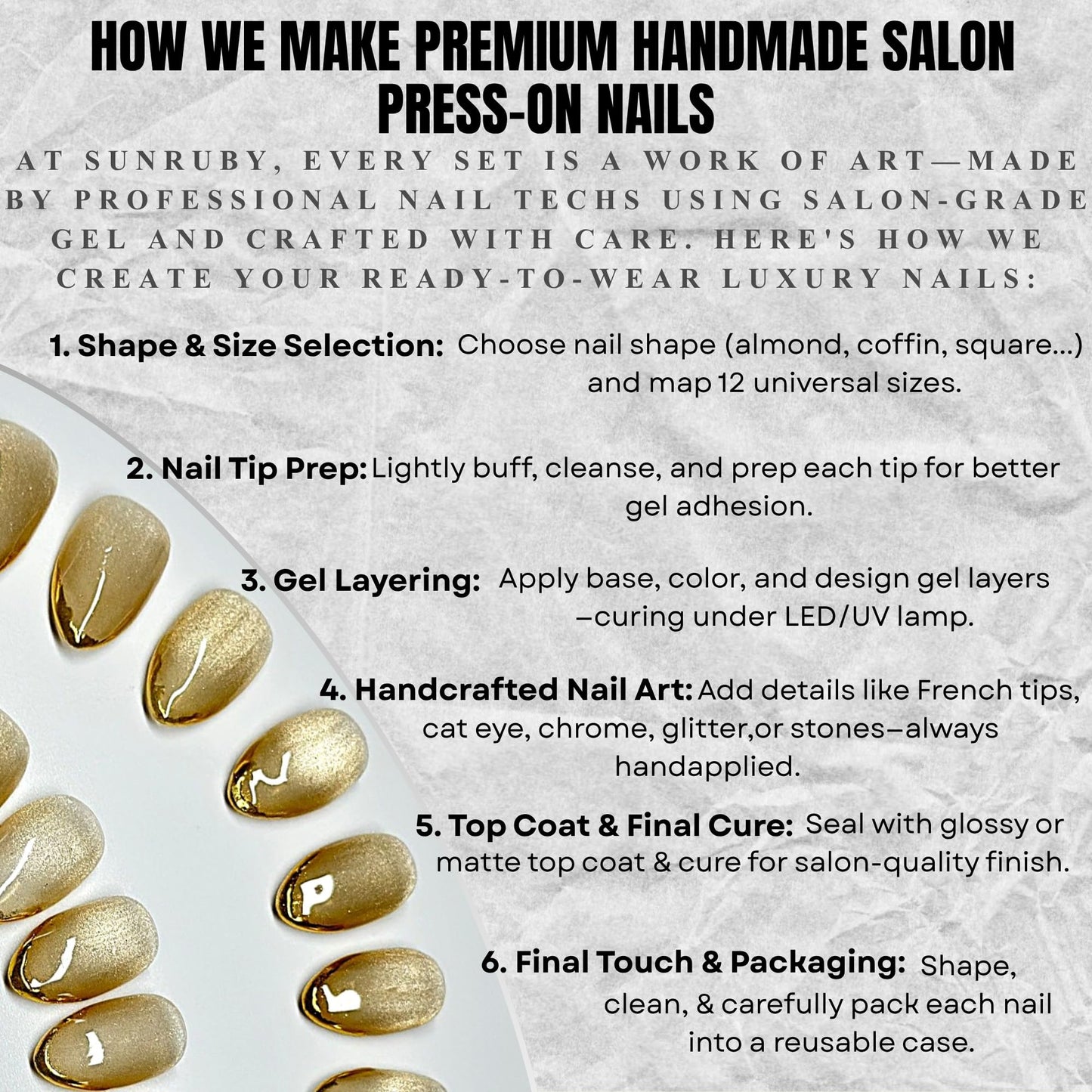 Sunruby Press On Nails Short Almond Iridescent Nude-Cat Eye with Gold Glitter French Tip | Reusable Soft Gel Nails in 12 Sizes 24 Nail Kit with Glue | Designed in L.A, Handmade in Vietnam | Golden Eye